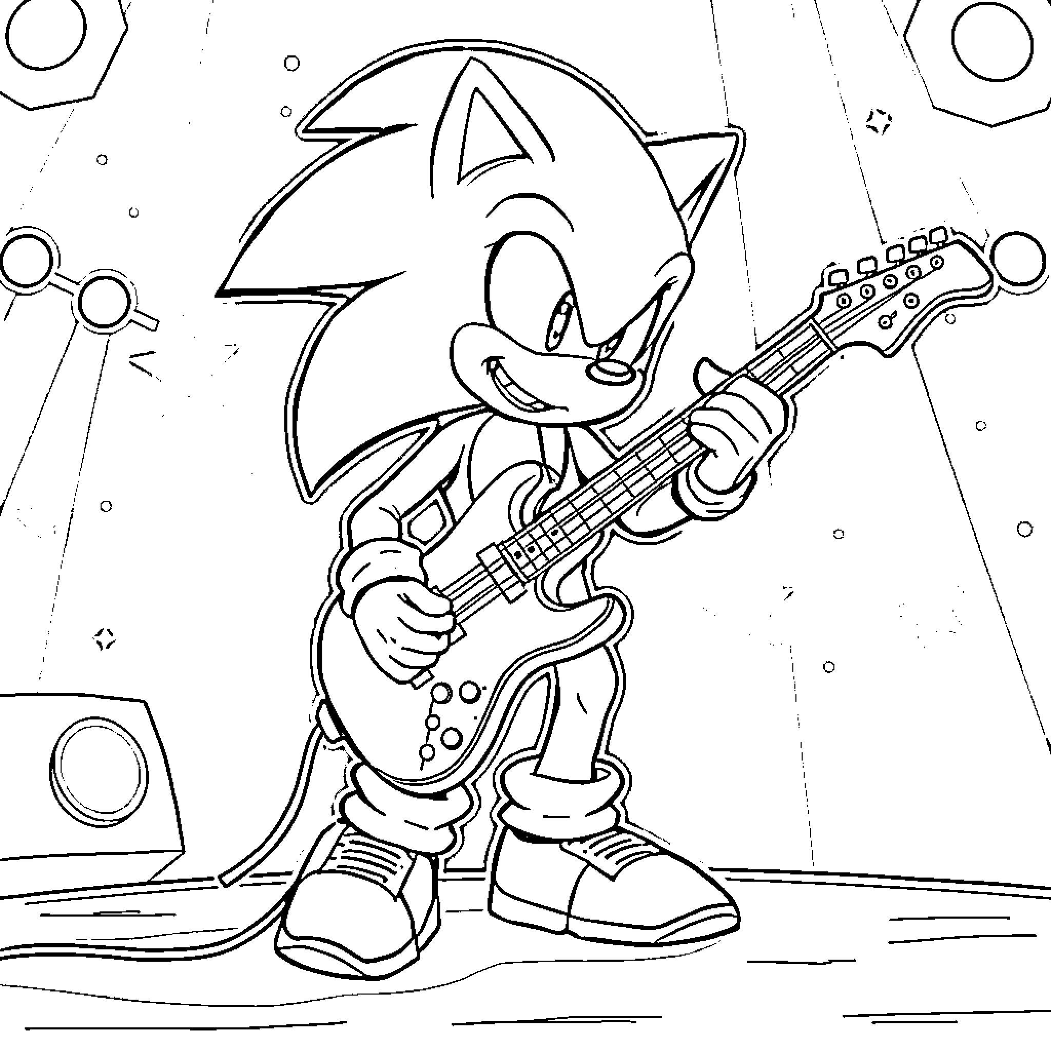 Sonic playing electric guitar on stage Coloring Page (free black-and-white line drawing printable PDF for all, from beginners to advanced learners, including children, teens, adults, and seniors)