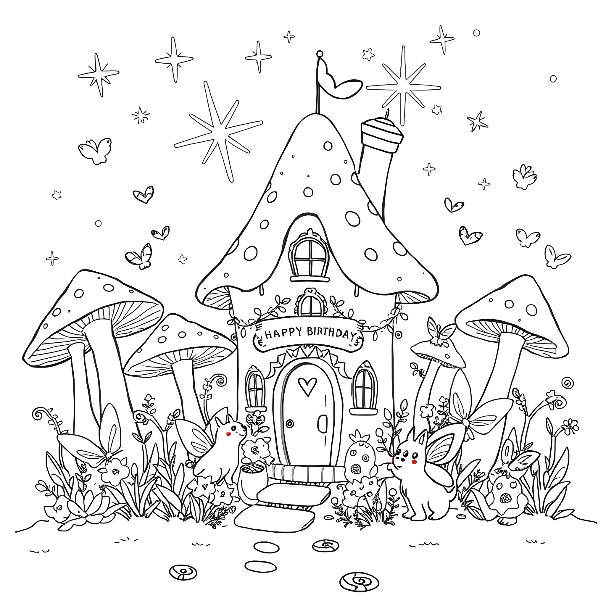 Mushroom house with birthday decorations and nature elements Coloring Page (free black-and-white line drawing printable PDF for all, from beginners to advanced learners, including children, teens, adults, and seniors)