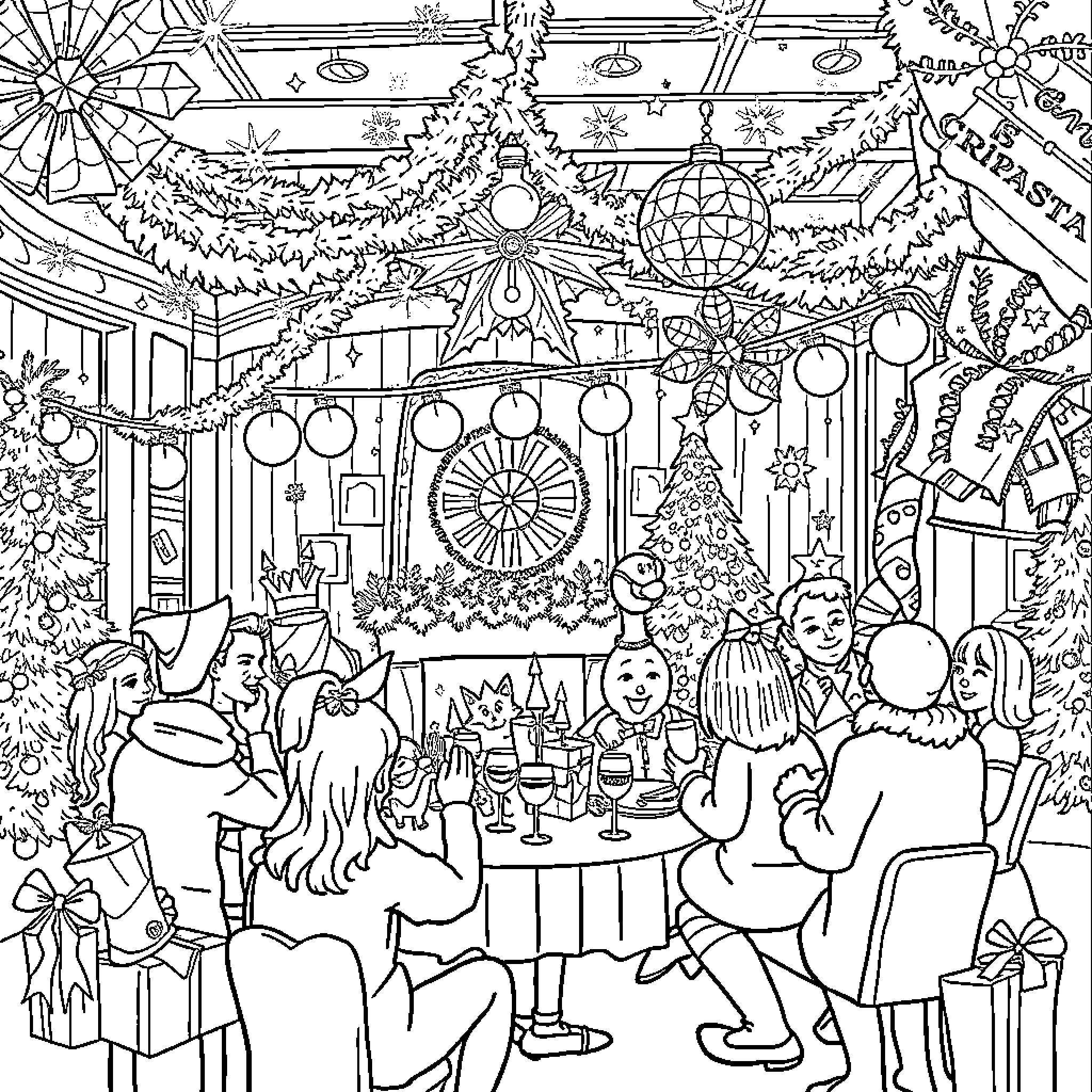 Christmas Celebration in a Festive Gathering Coloring Page (free black-and-white line drawing printable PDF for all, from beginners to advanced learners, including children, teens, adults, and seniors)