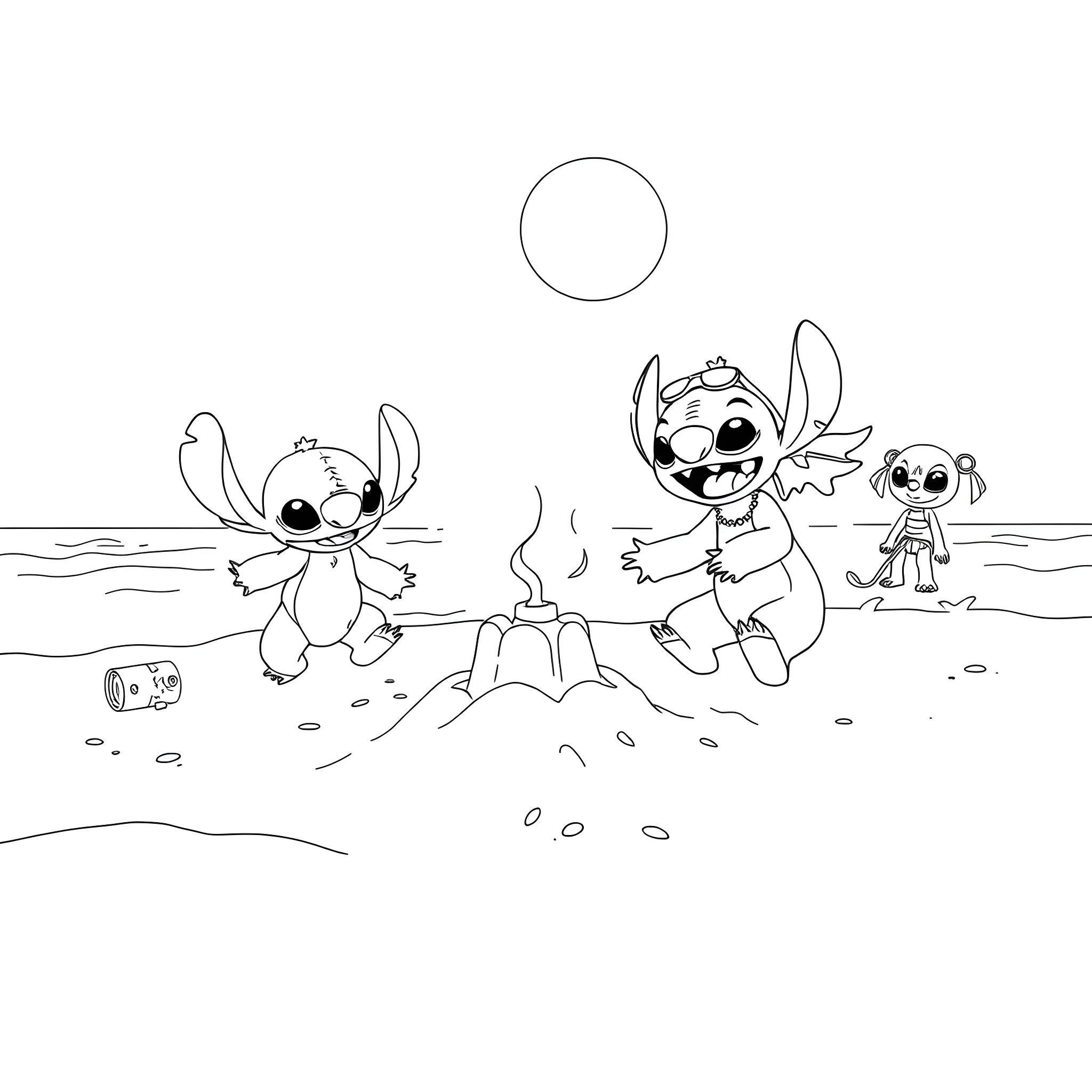 Lilo and Stitch having a campfire on the beach Coloring Page (free black-and-white line drawing printable PDF for all, from beginners to advanced learners, including children, teens, adults, and seniors)