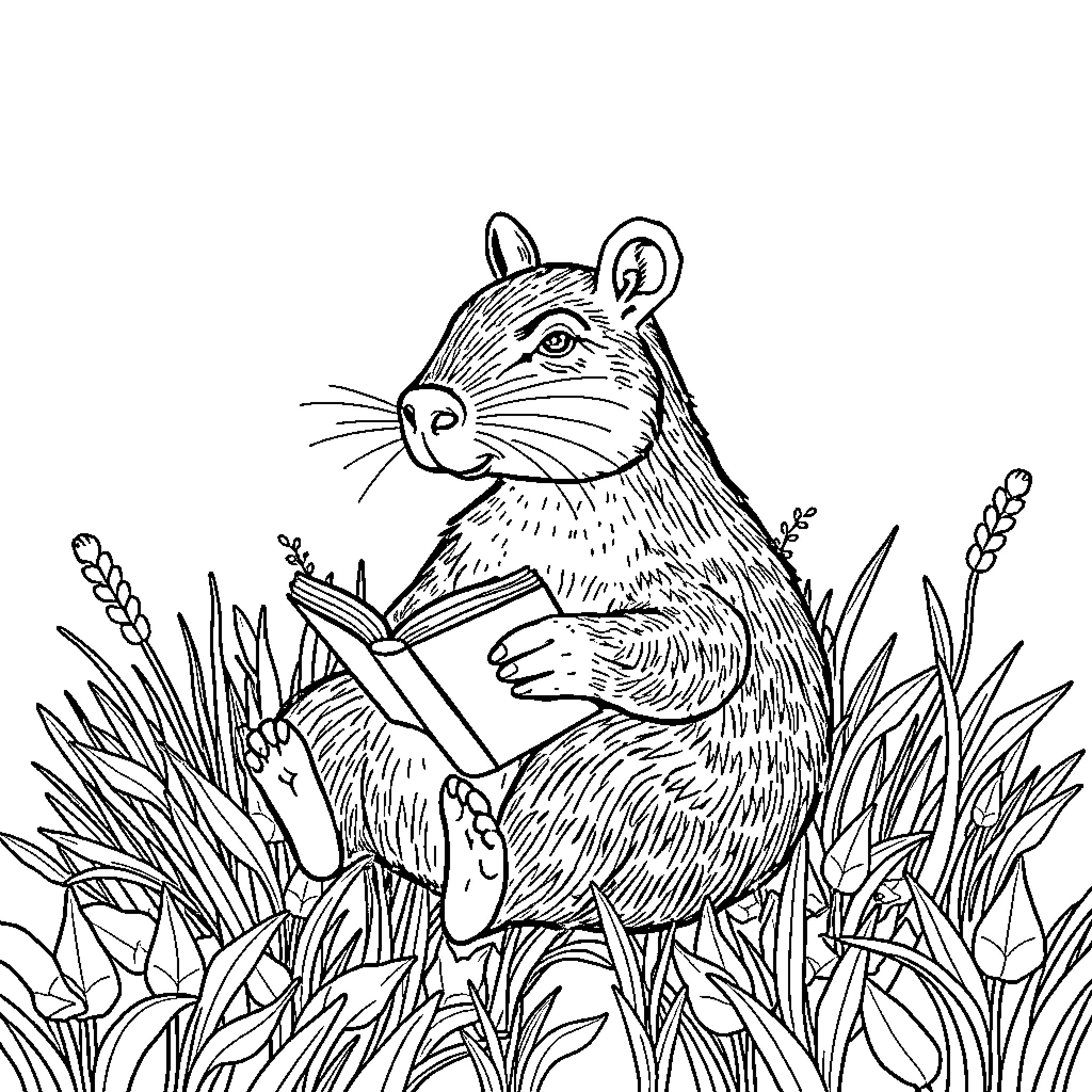 Capybara reading a book in the wild Coloring Page (free black-and-white line drawing printable PDF for all, from beginners to advanced learners, including children, teens, adults, and seniors)