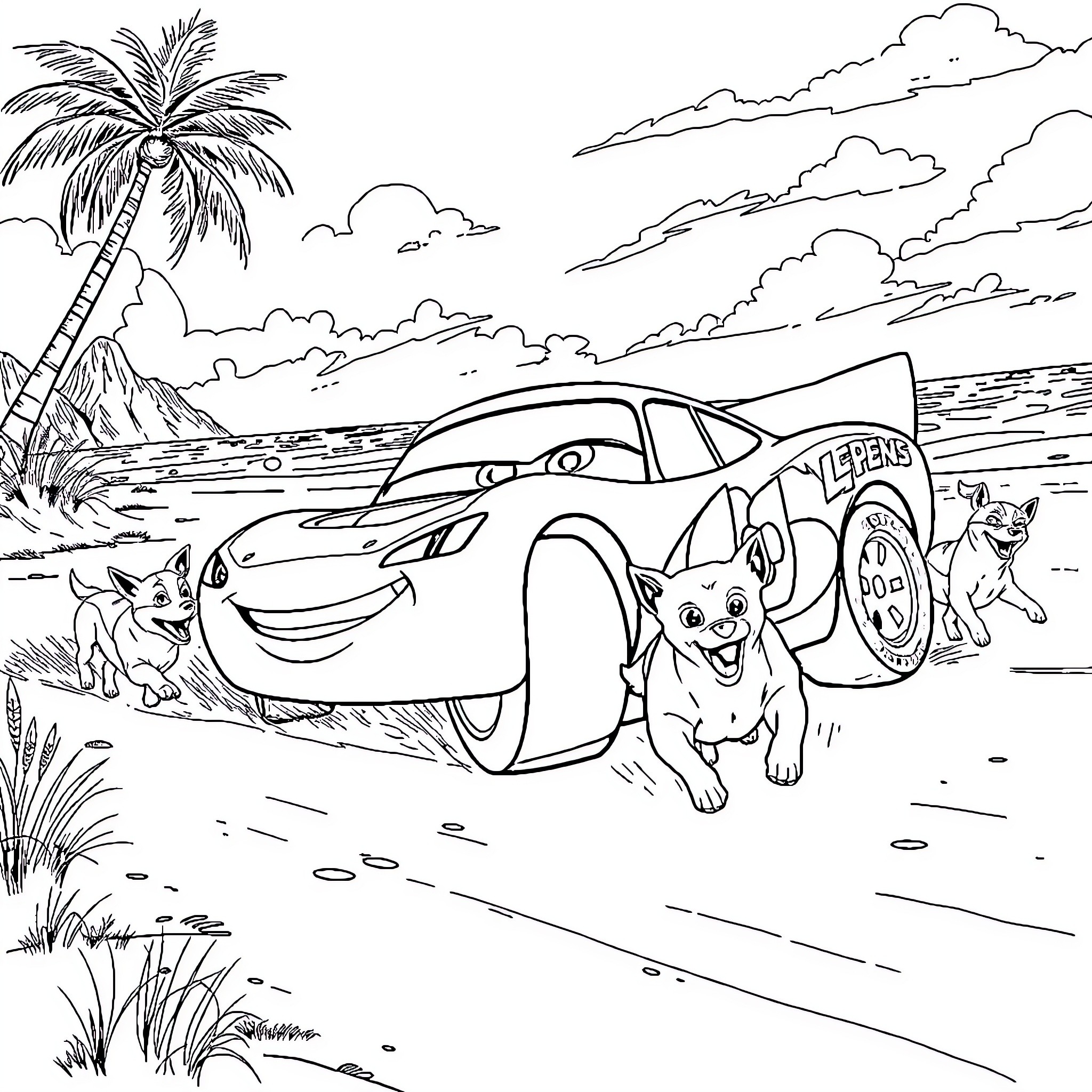 Lightning McQueen enjoying beach vacation with animal friends Coloring Page (free black-and-white line drawing printable PDF for all, from beginners to advanced learners, including children, teens, adults, and seniors)