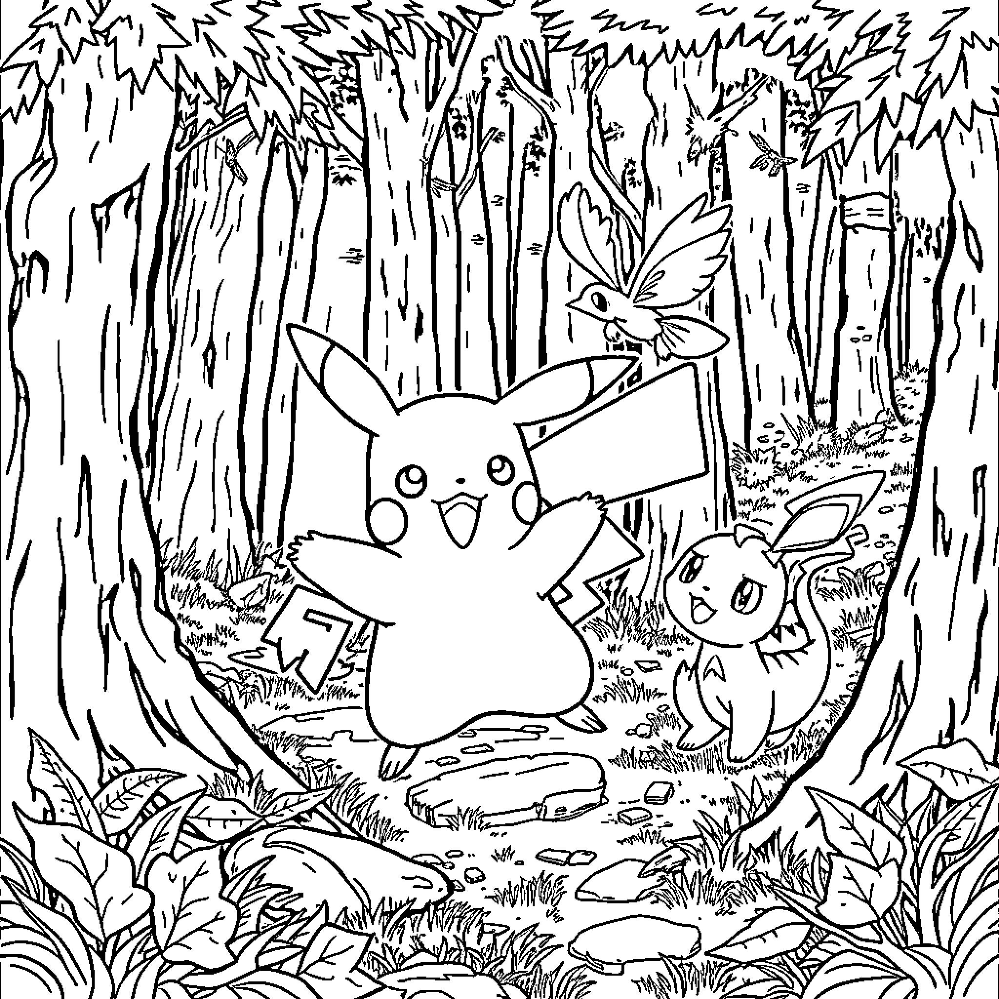 Pikachu's Adventure in the Enchanted Forest Coloring Page (free black-and-white line drawing printable PDF for all, from beginners to advanced learners, including children, teens, adults, and seniors)