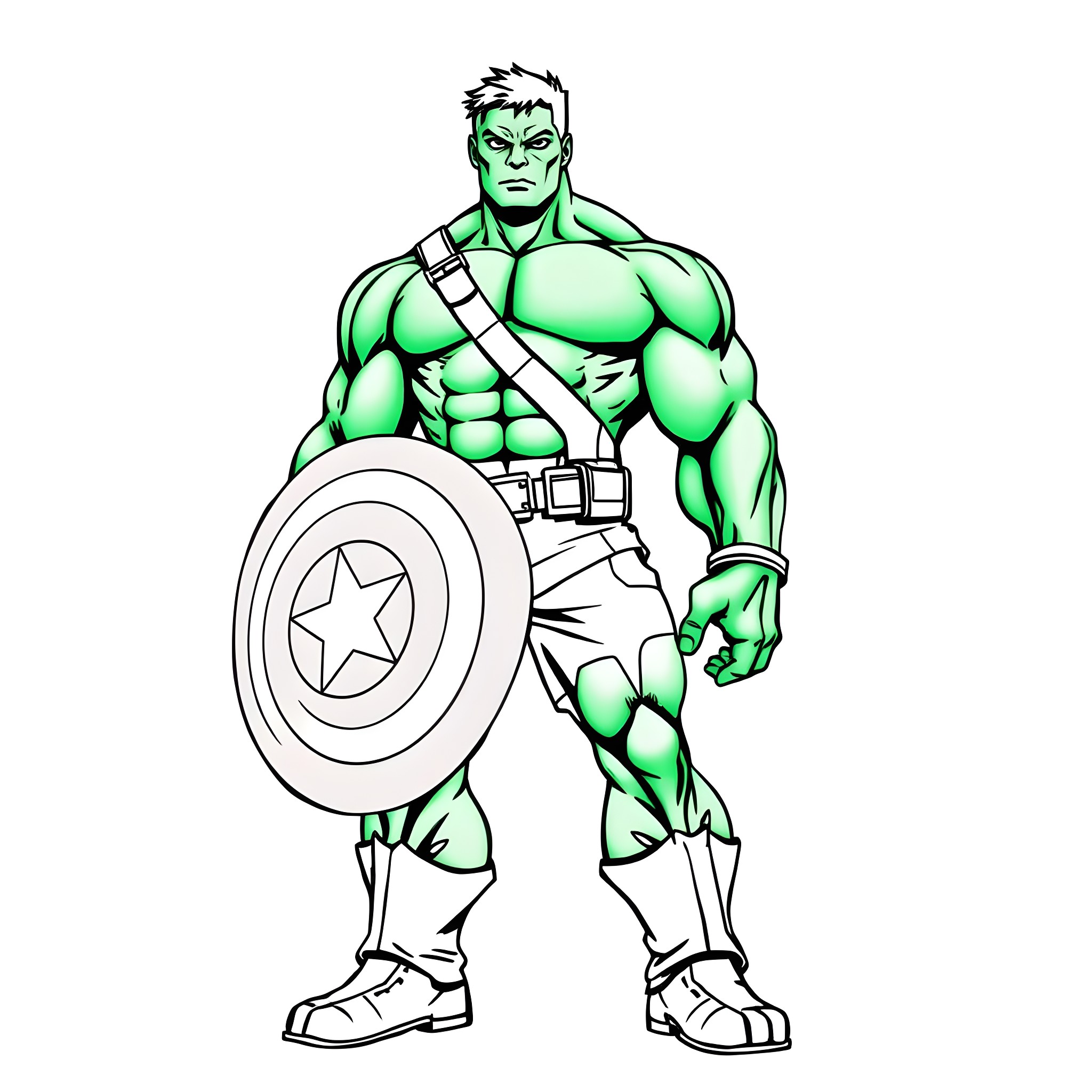 Hulk posing with shield in action-ready stance Coloring Page (free black-and-white line drawing printable PDF for all, from beginners to advanced learners, including children, teens, adults, and seniors)