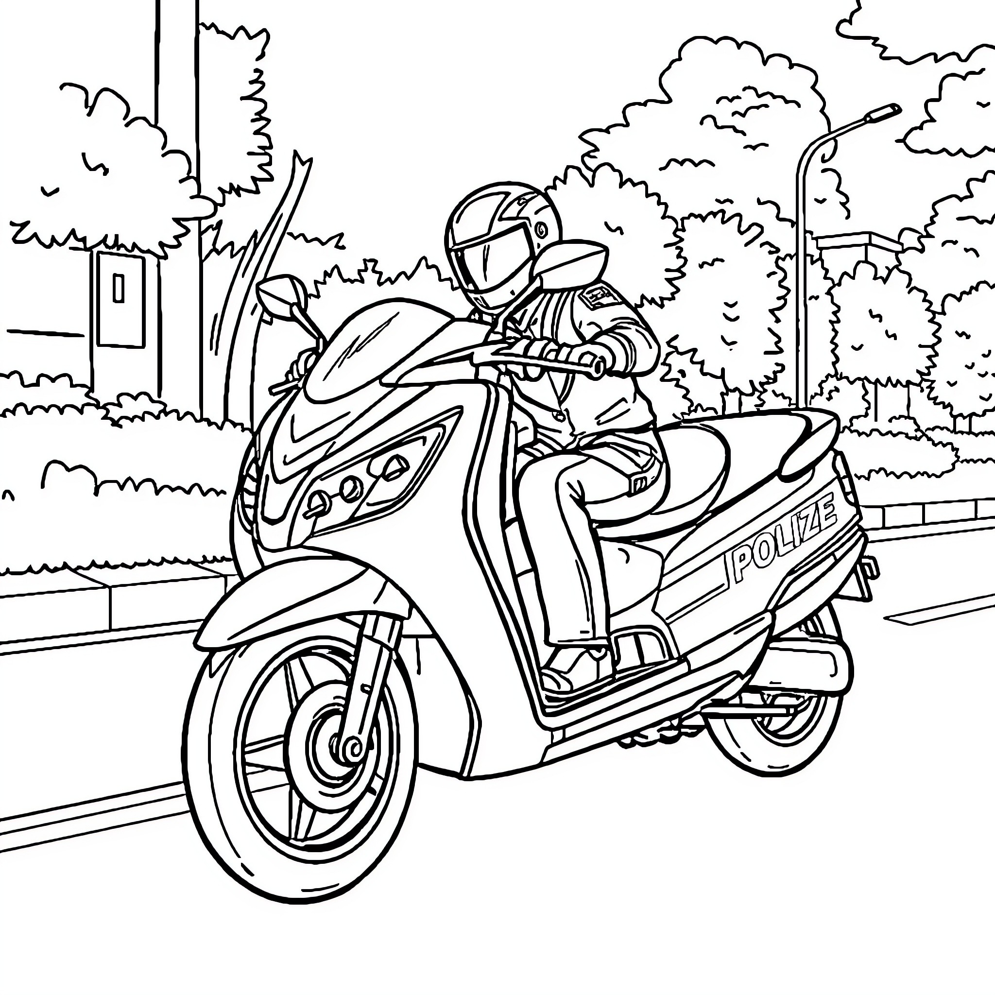 Police Car Pursuing a Suspect on a Motorcycle Coloring Page (free black-and-white line drawing printable PDF for all, from beginners to advanced learners, including children, teens, adults, and seniors)