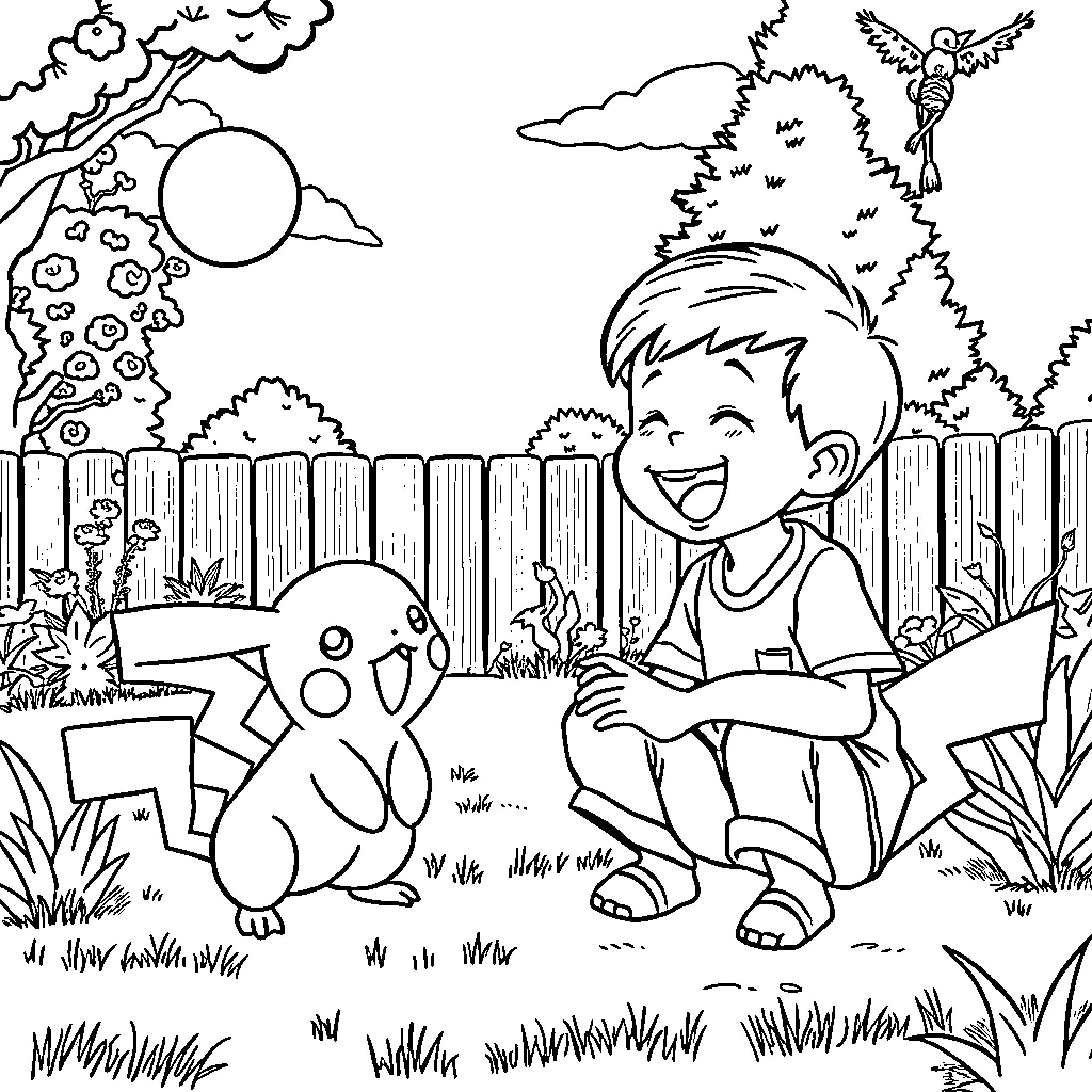 Pokémon adventure with a cheerful boy in a scenic setting Coloring Page (free black-and-white line drawing printable PDF for all, from beginners to advanced learners, including children, teens, adults, and seniors)