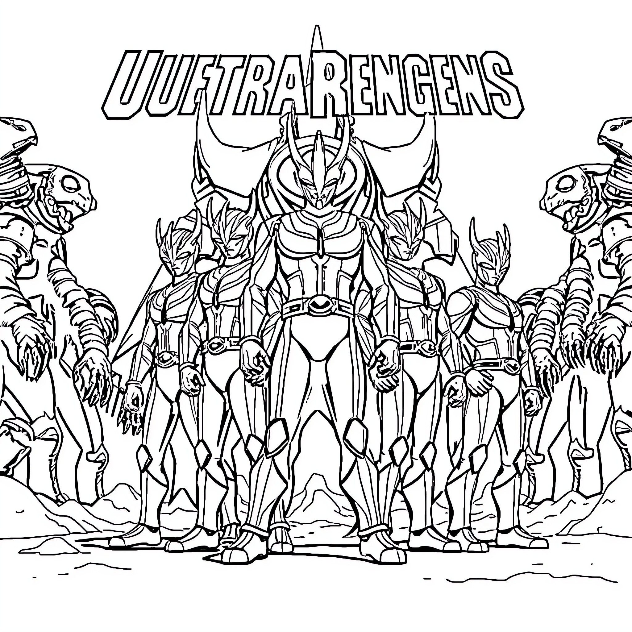 Ultraman team in action-packed pose Coloring Page (free black-and-white line drawing printable PDF for all, from beginners to advanced learners, including children, teens, adults, and seniors)