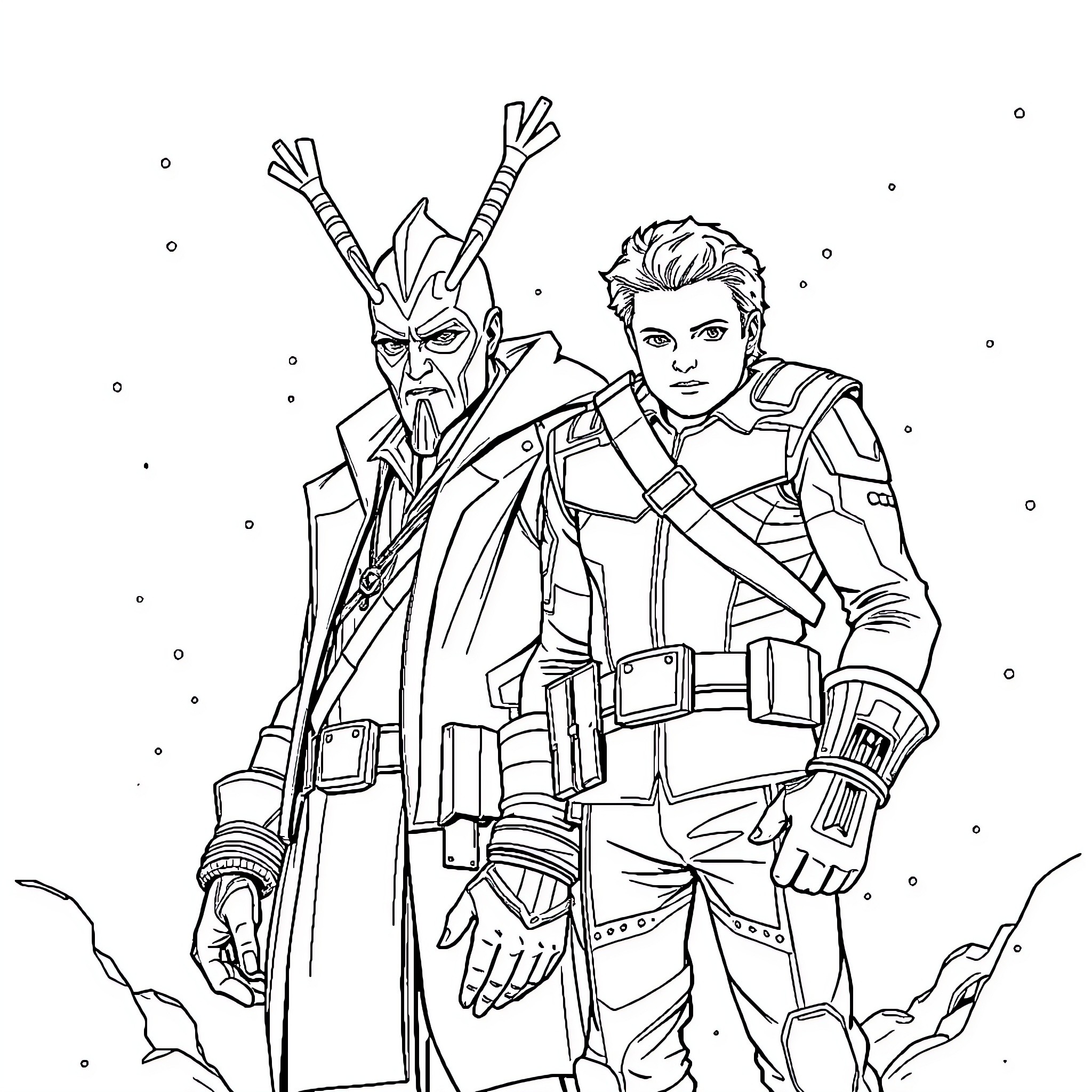 Yondu and the Ravager in Space Adventure Coloring Page (free black-and-white line drawing printable PDF for all, from beginners to advanced learners, including children, teens, adults, and seniors)