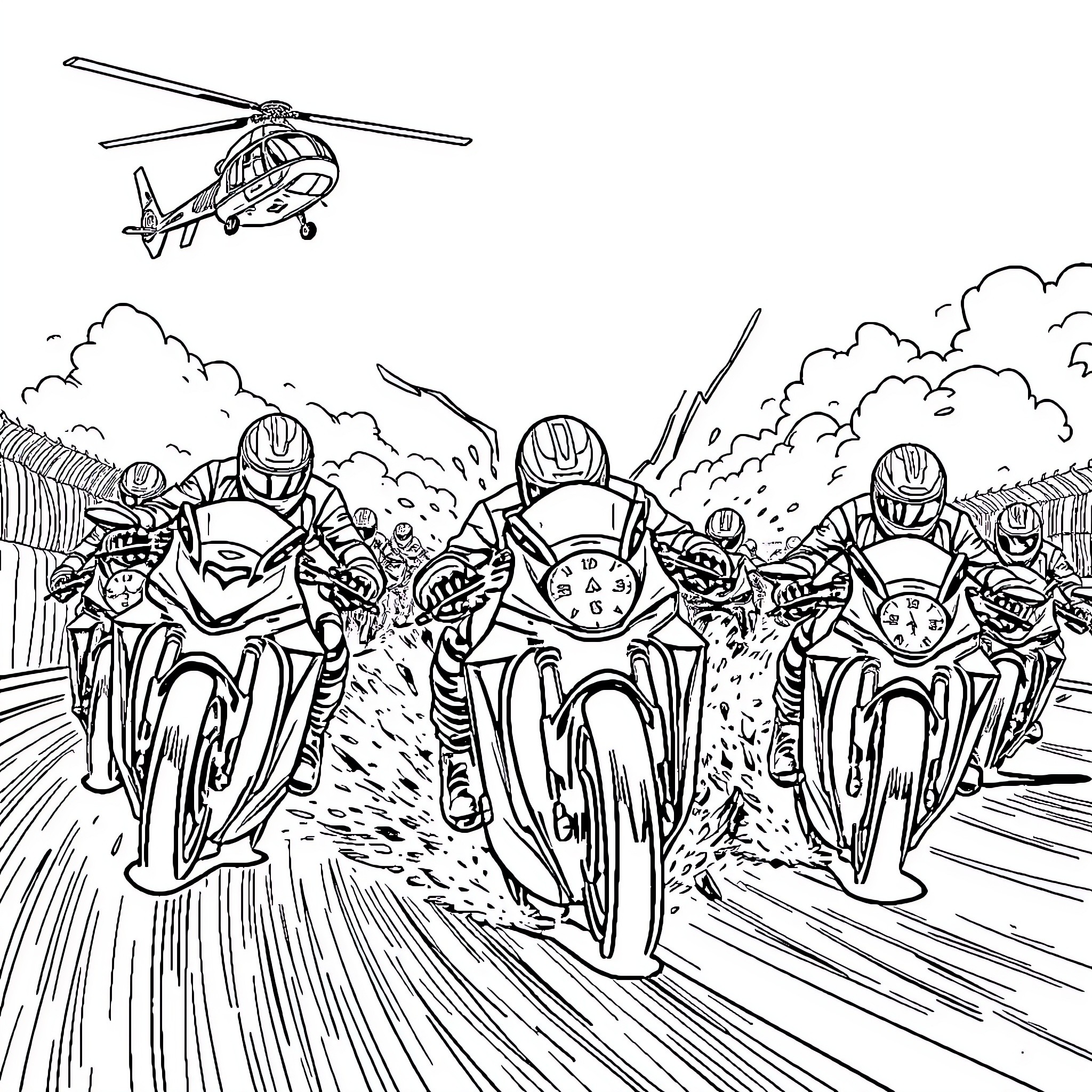 Motorbike Riders Racing Through the Countryside Coloring Page (free black-and-white line drawing printable PDF for all, from beginners to advanced learners, including children, teens, adults, and seniors)
