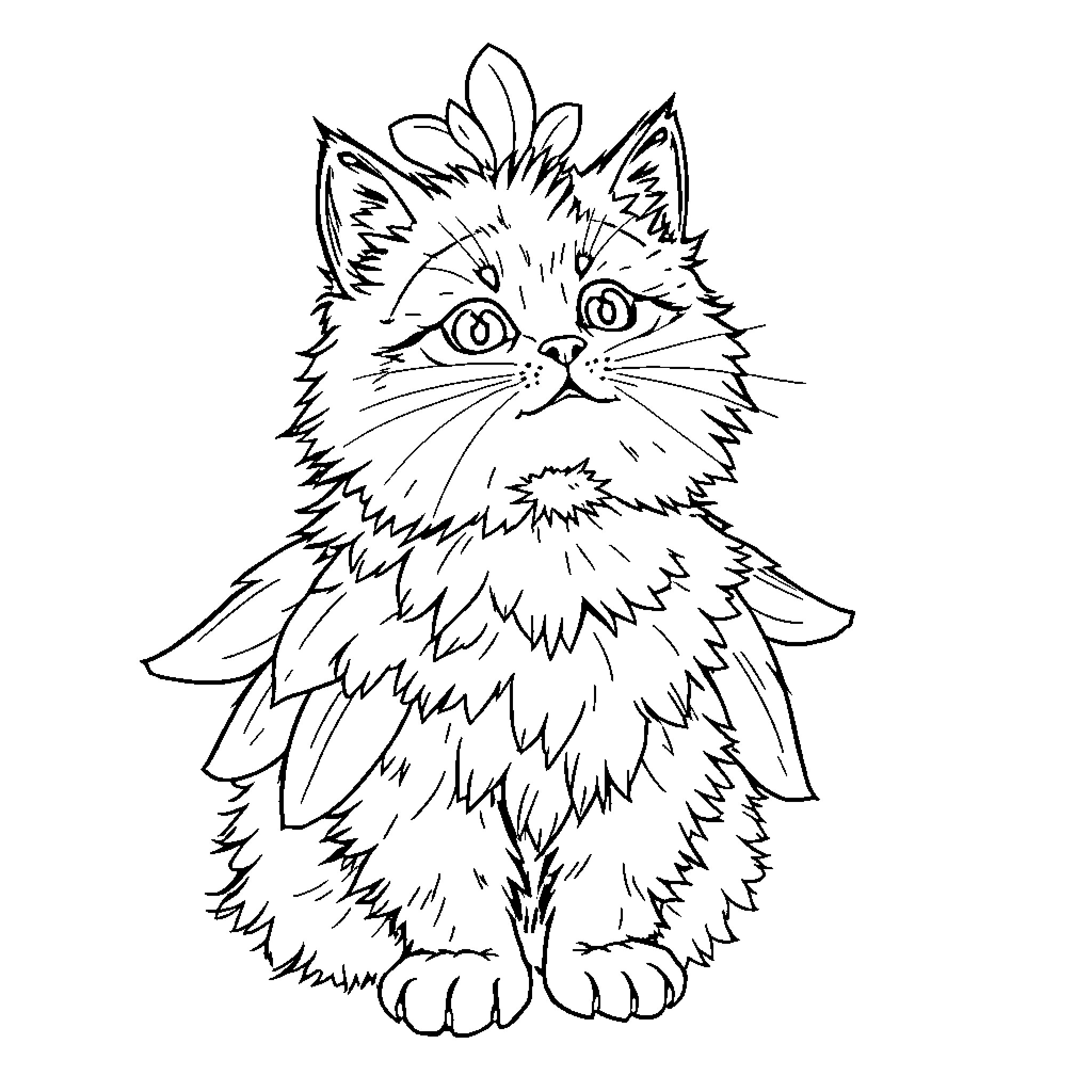 Cat with Floral Crown Coloring Page (free black-and-white line drawing printable PDF for all, from beginners to advanced learners, including children, teens, adults, and seniors)