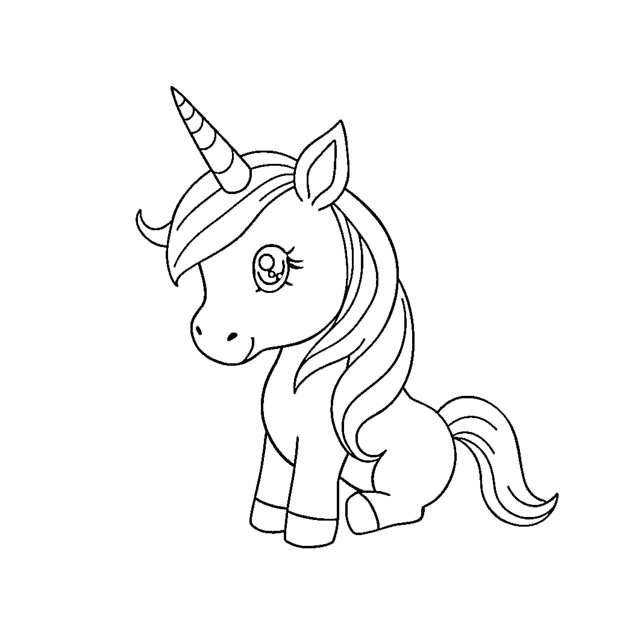 Baby Unicorn Sitting Adorably Coloring Page (free black-and-white line drawing printable PDF for all, from beginners to advanced learners, including children, teens, adults, and seniors)