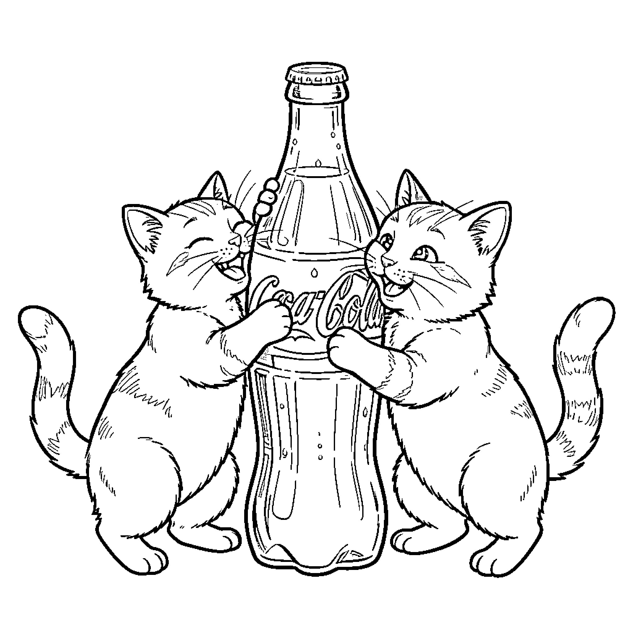 Cats Playing with Soda Bottle Coloring Page (free black-and-white line drawing printable PDF for all, from beginners to advanced learners, including children, teens, adults, and seniors)