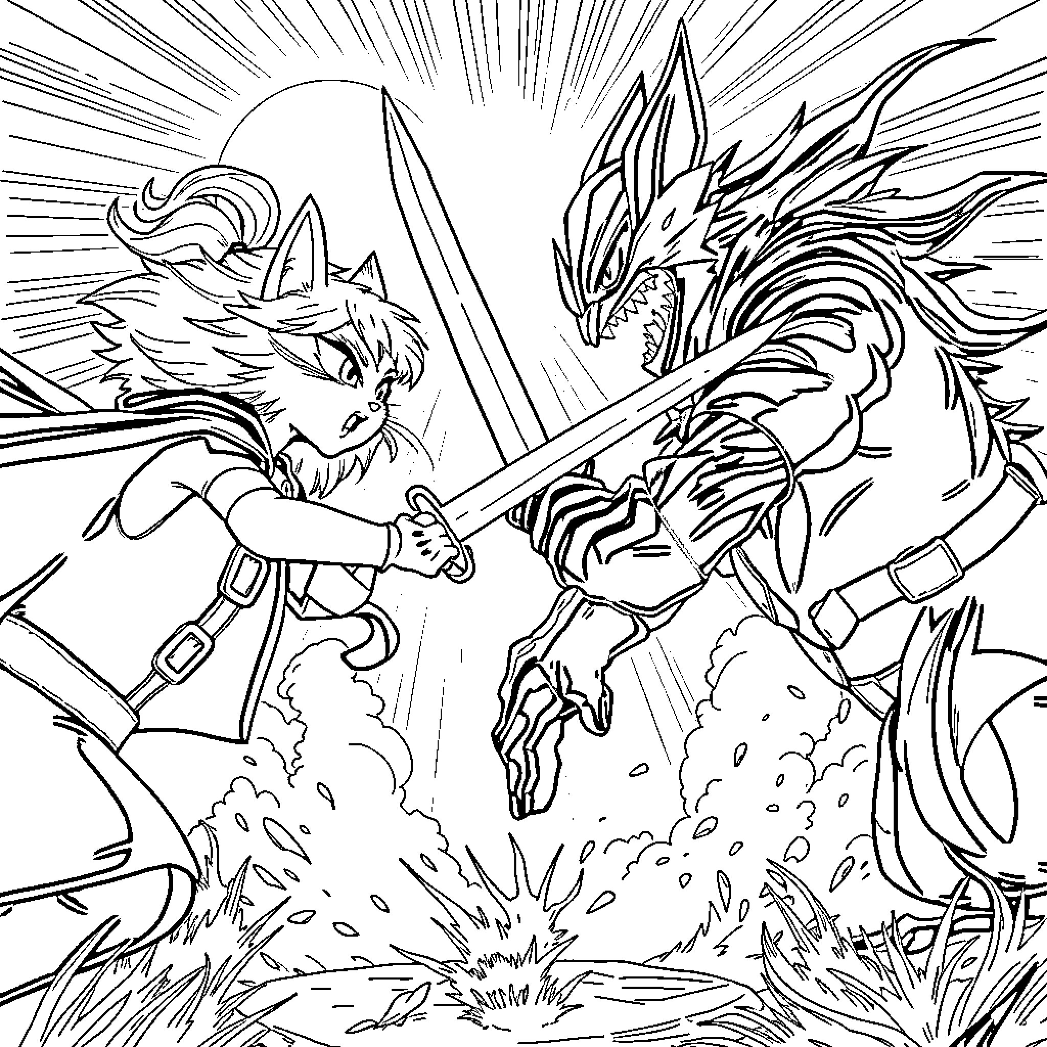 Mercat heroic battle against ferocious beast Coloring Page (free black-and-white line drawing printable PDF for all, from beginners to advanced learners, including children, teens, adults, and seniors)