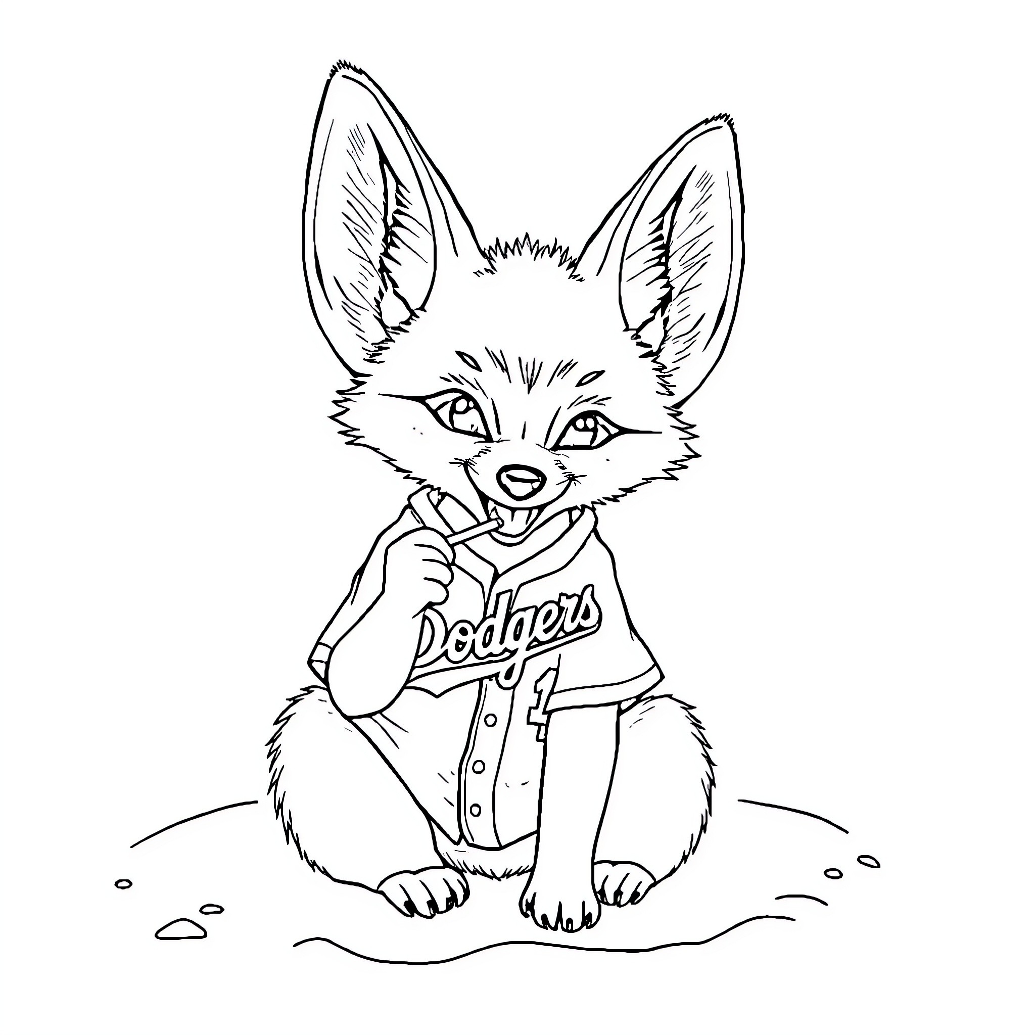 Fennec Fox playing baseball in the dirt Coloring Page (free black-and-white line drawing printable PDF for all, from beginners to advanced learners, including children, teens, adults, and seniors)