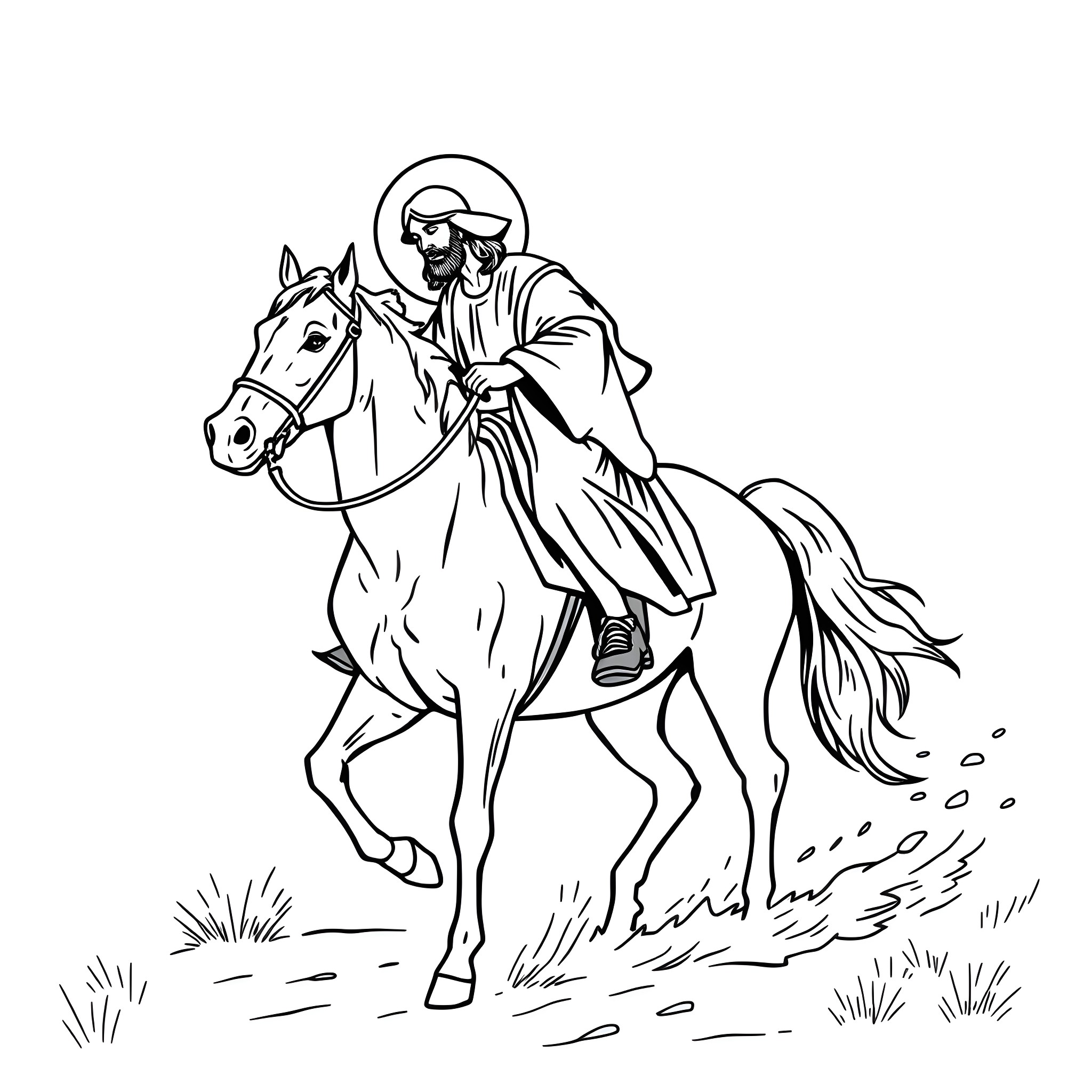 Jesus riding a horse through the countryside Coloring Page (free black-and-white line drawing printable PDF for all, from beginners to advanced learners, including children, teens, adults, and seniors)