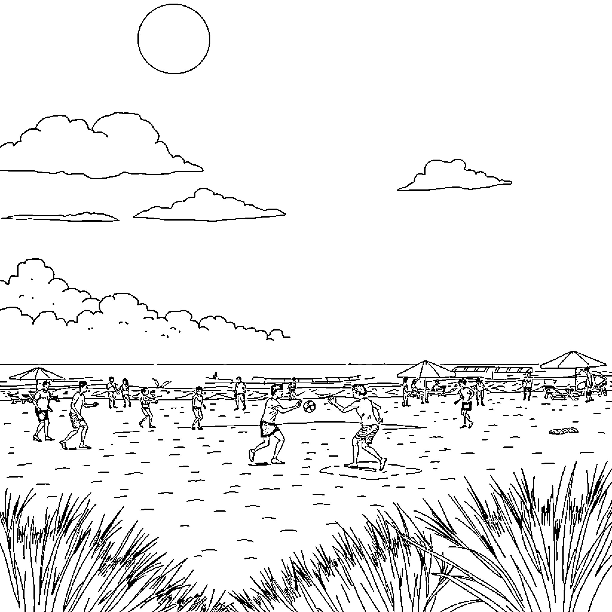 Handball players in action on the beach Coloring Page (free black-and-white line drawing printable PDF for all, from beginners to advanced learners, including children, teens, adults, and seniors)