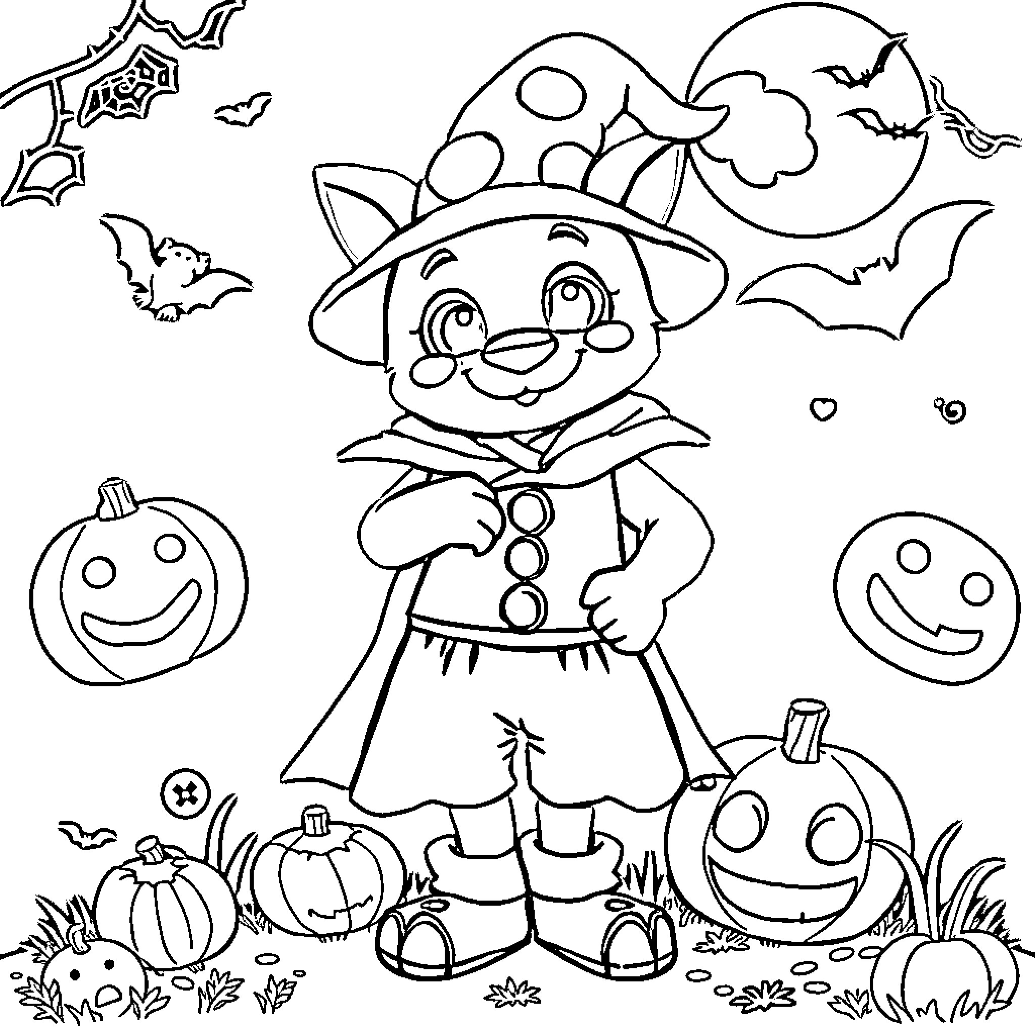 Bluey's Spooky Halloween Costume Adventure Coloring Page (free black-and-white line drawing printable PDF for all, from beginners to advanced learners, including children, teens, adults, and seniors)