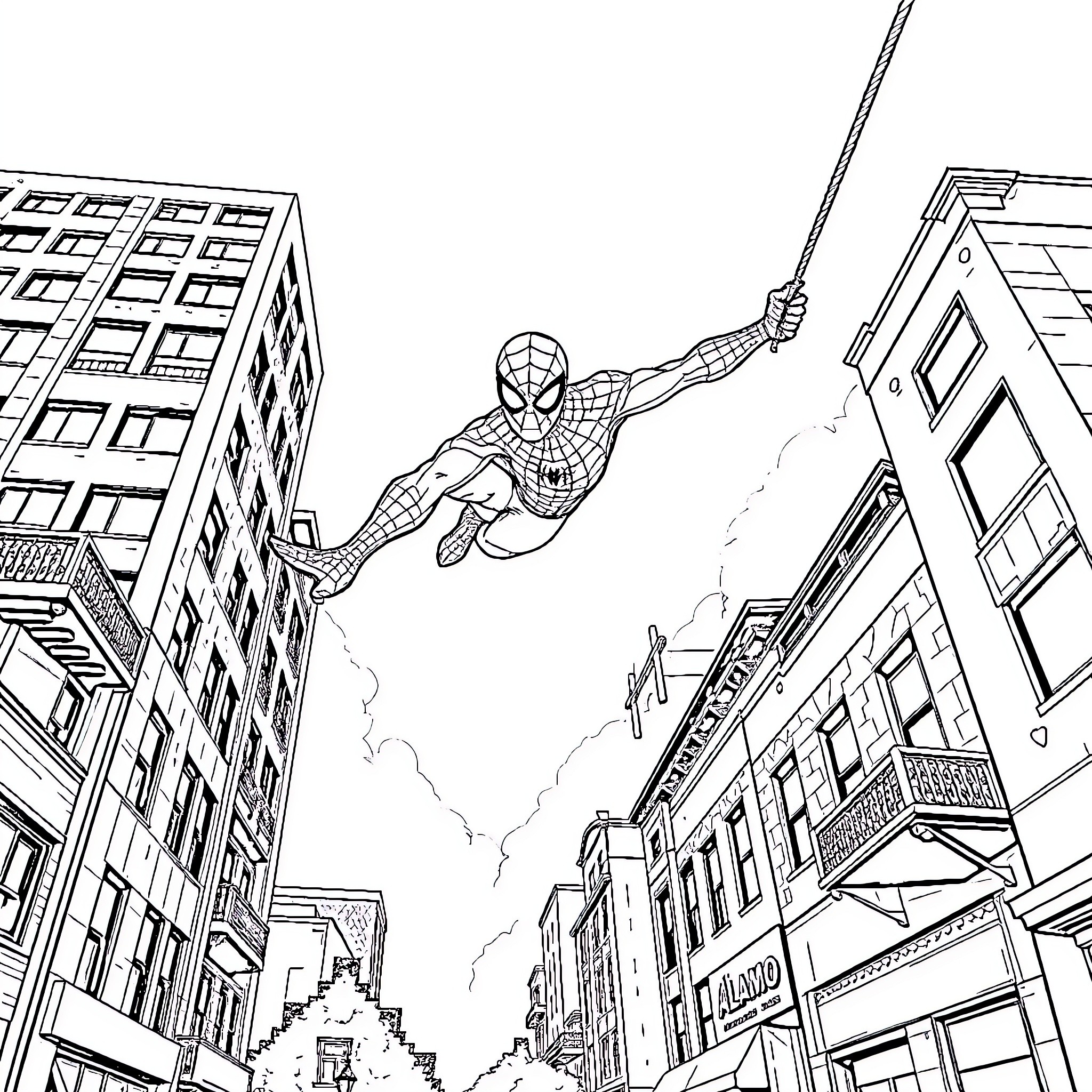 Spider-Man swinging through the city Coloring Page (free black-and-white line drawing printable PDF for all, from beginners to advanced learners, including children, teens, adults, and seniors)