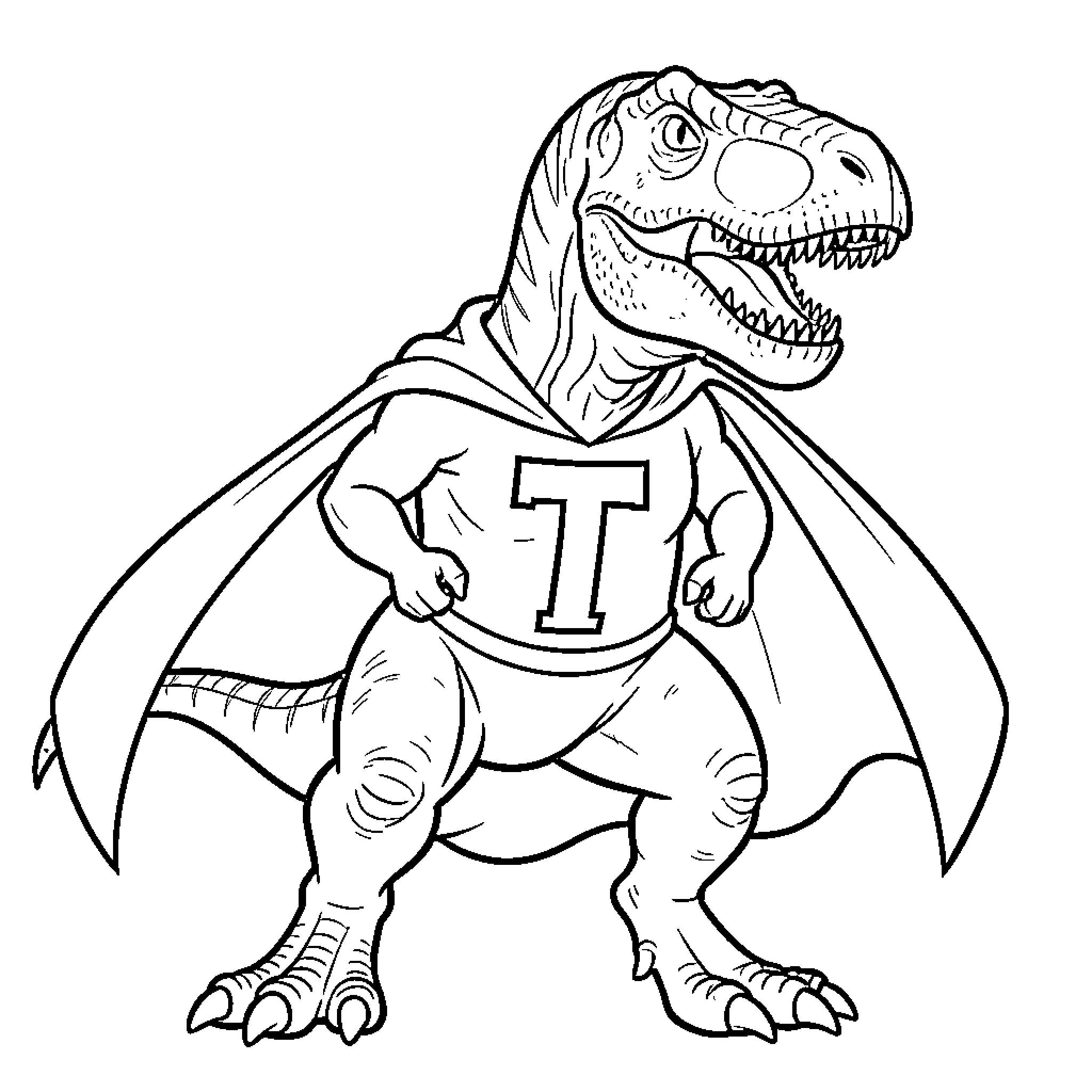 T-Rex wearing a superhero cape and t-shirt Coloring Page (free black-and-white line drawing printable PDF for all, from beginners to advanced learners, including children, teens, adults, and seniors)