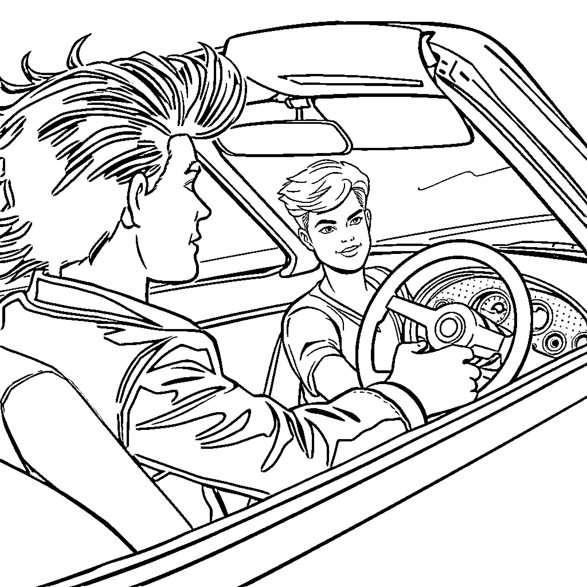 Ken driving a sports car with a friend Coloring Page (free black-and-white line drawing printable PDF for all, from beginners to advanced learners, including children, teens, adults, and seniors)