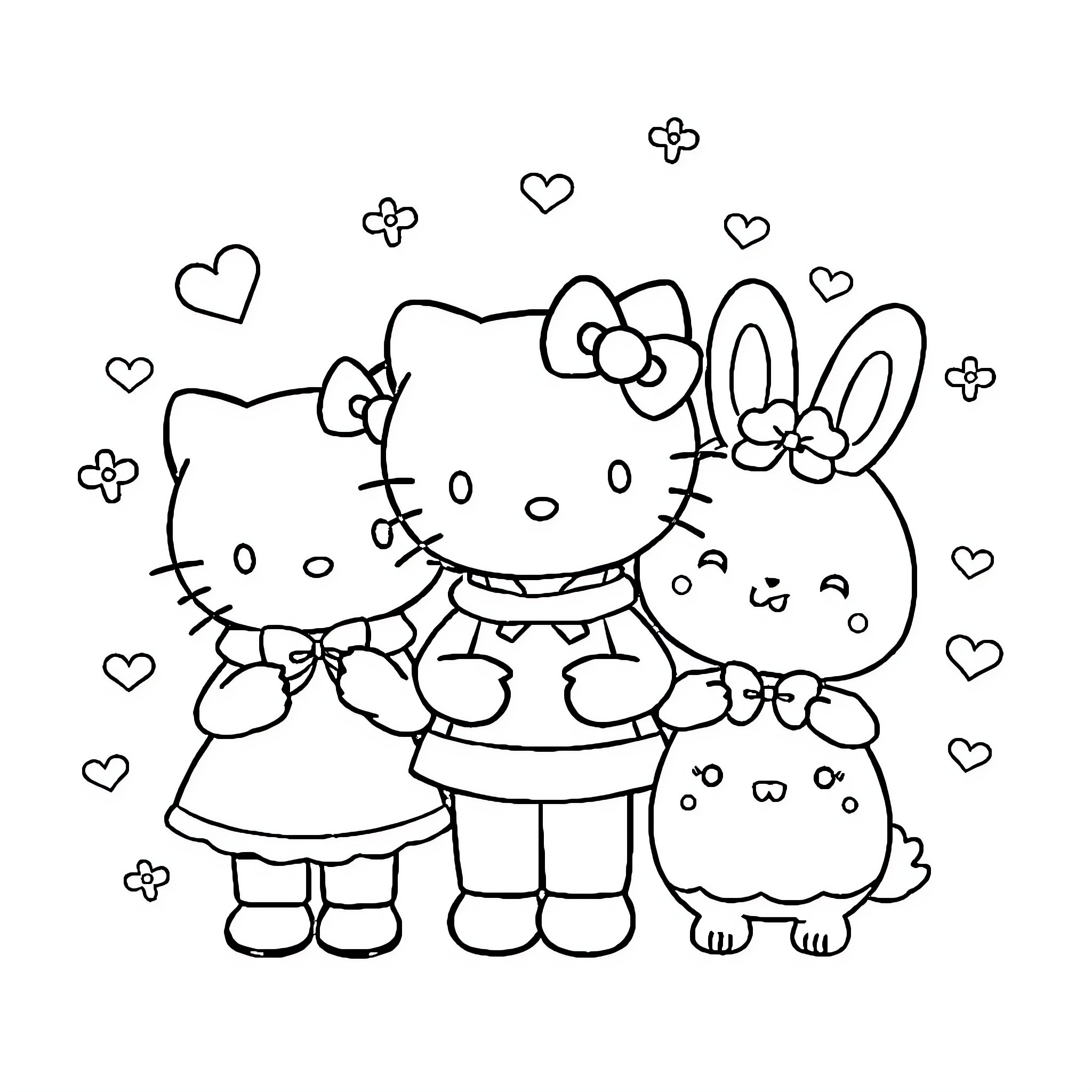 Sanrio Characters Enjoying Playful Companionship Coloring Page (free black-and-white line drawing printable PDF for all, from beginners to advanced learners, including children, teens, adults, and seniors)