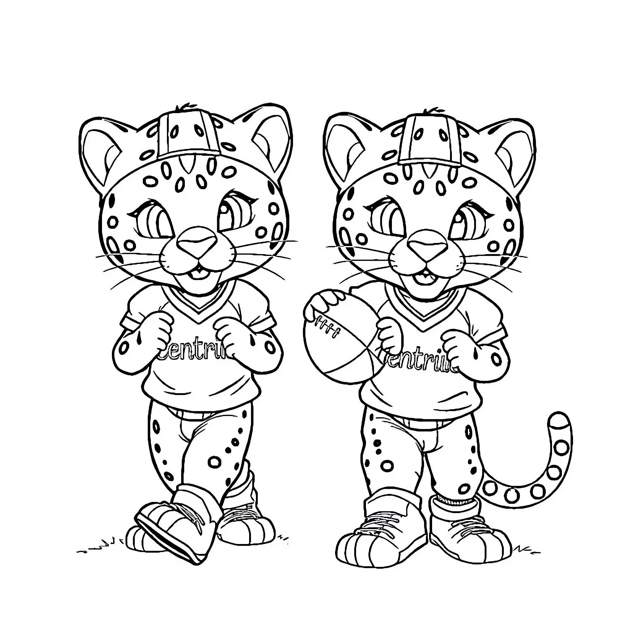 Panther athletes in sports uniforms Coloring Page (free black-and-white line drawing printable PDF for all, from beginners to advanced learners, including children, teens, adults, and seniors)