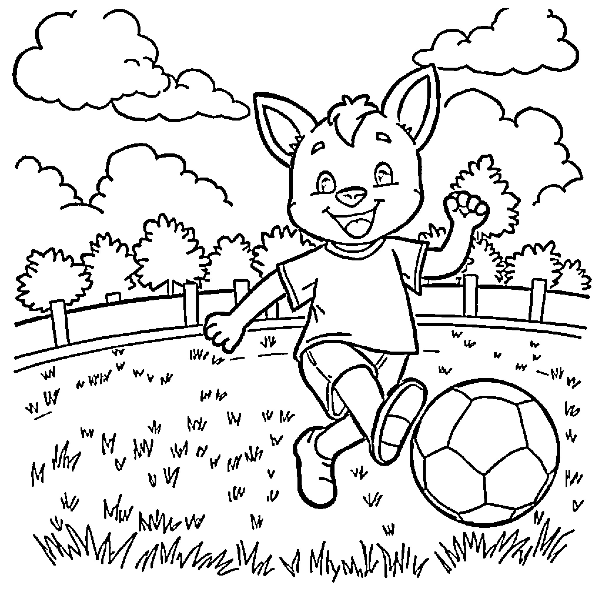 Labubu playing happily with a soccer ball in the park Coloring Page (free black-and-white line drawing printable PDF for all, from beginners to advanced learners, including children, teens, adults, and seniors)