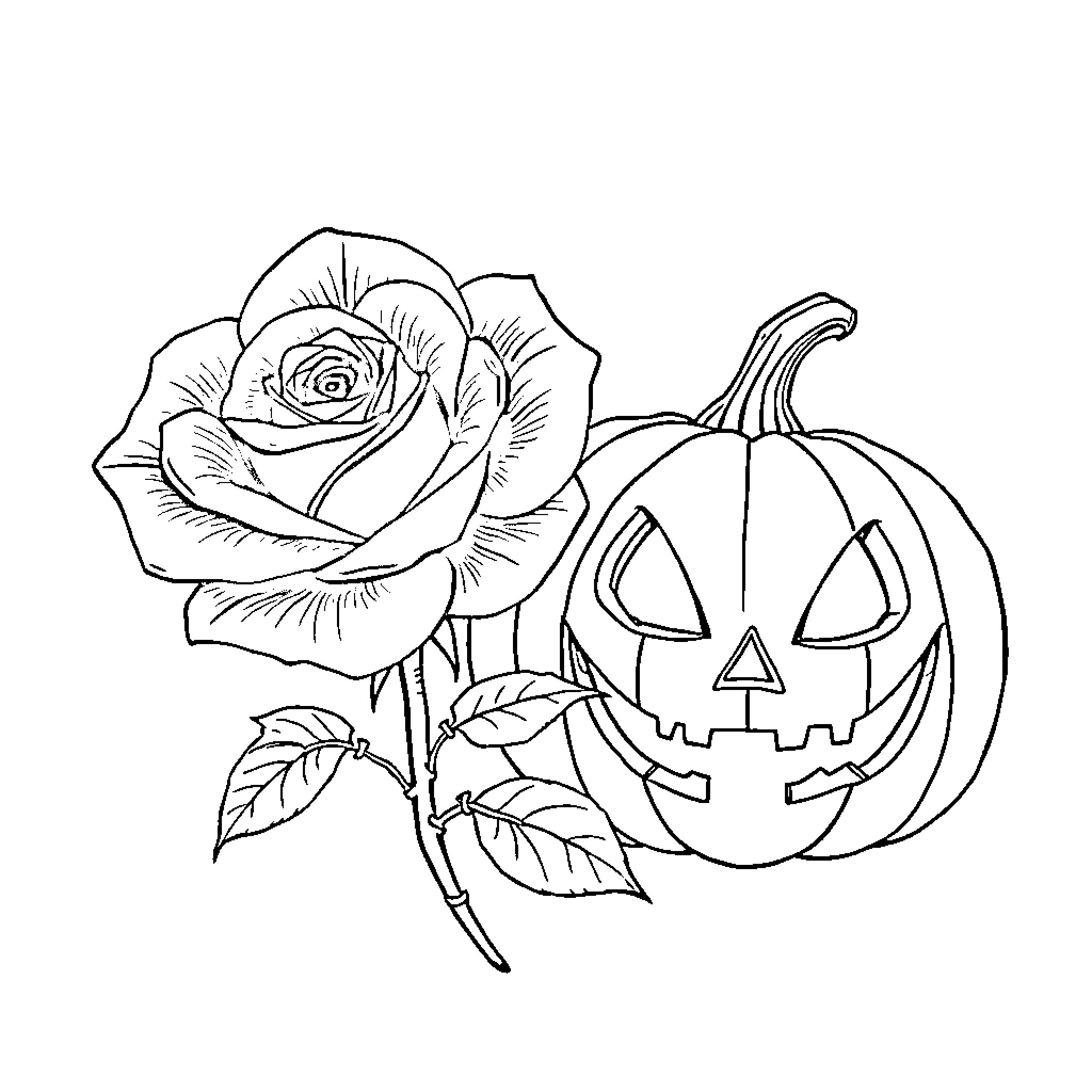 Rose and Jack-o'-lantern in Autumn Scene Coloring Page (free black-and-white line drawing printable PDF for all, from beginners to advanced learners, including children, teens, adults, and seniors)
