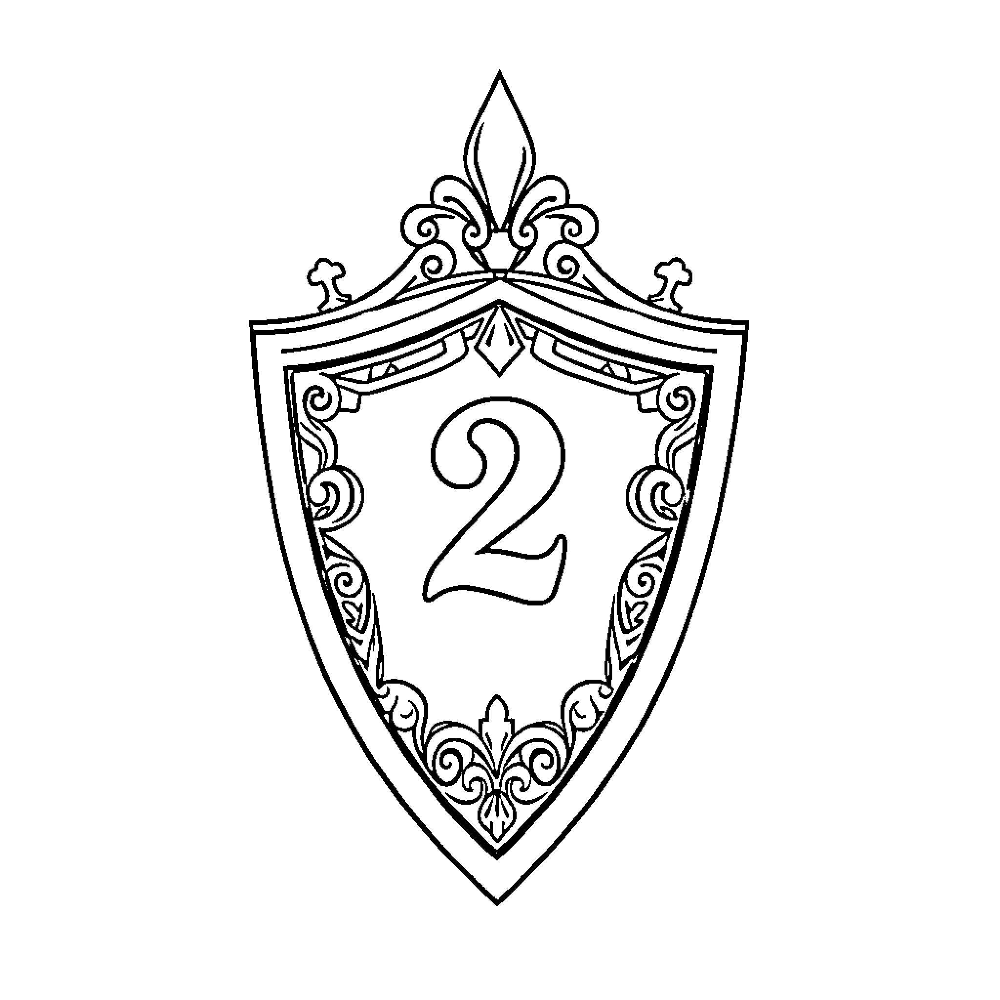 Peanut's Ornate Shield with Decorative Number Two Coloring Page (free black-and-white line drawing printable PDF for all, from beginners to advanced learners, including children, teens, adults, and seniors)