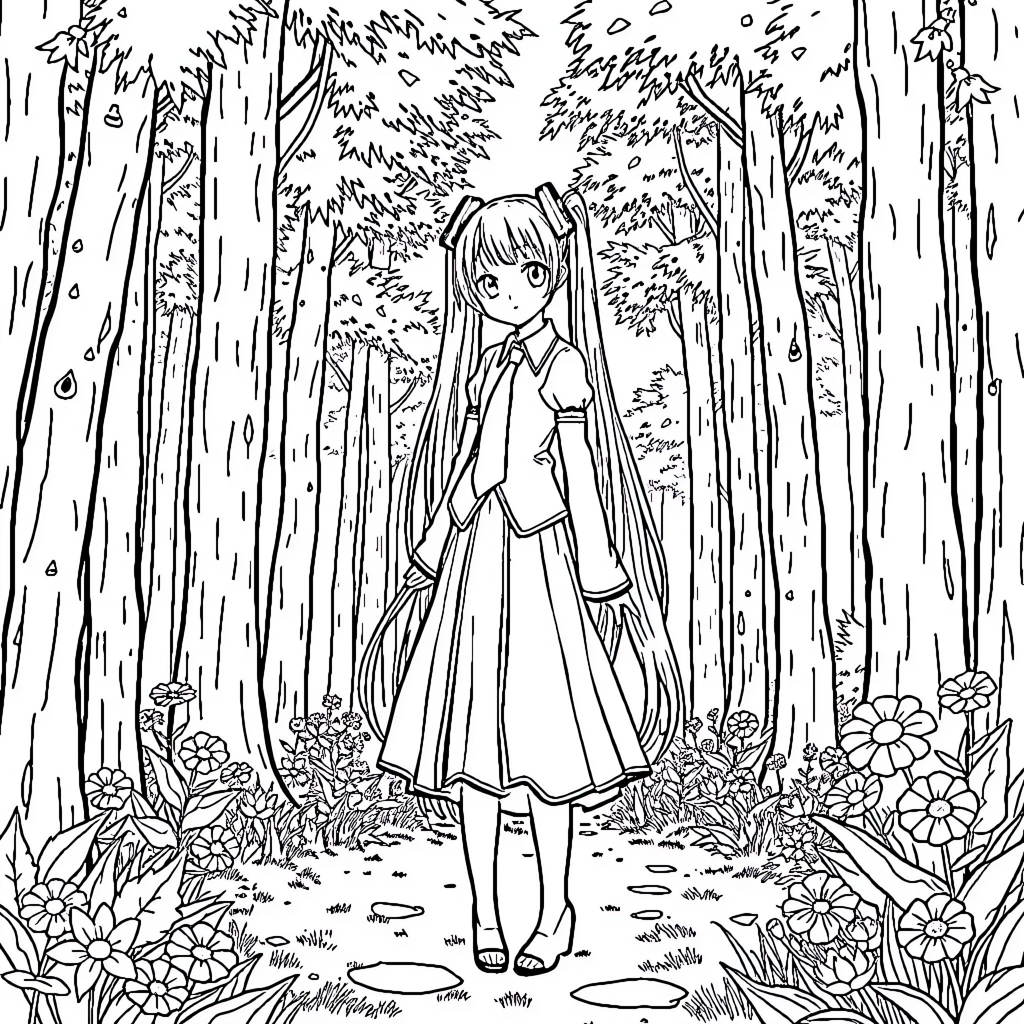 Hatsune Miku in a serene forest scene Coloring Page (free black-and-white line drawing printable PDF for all, from beginners to advanced learners, including children, teens, adults, and seniors)