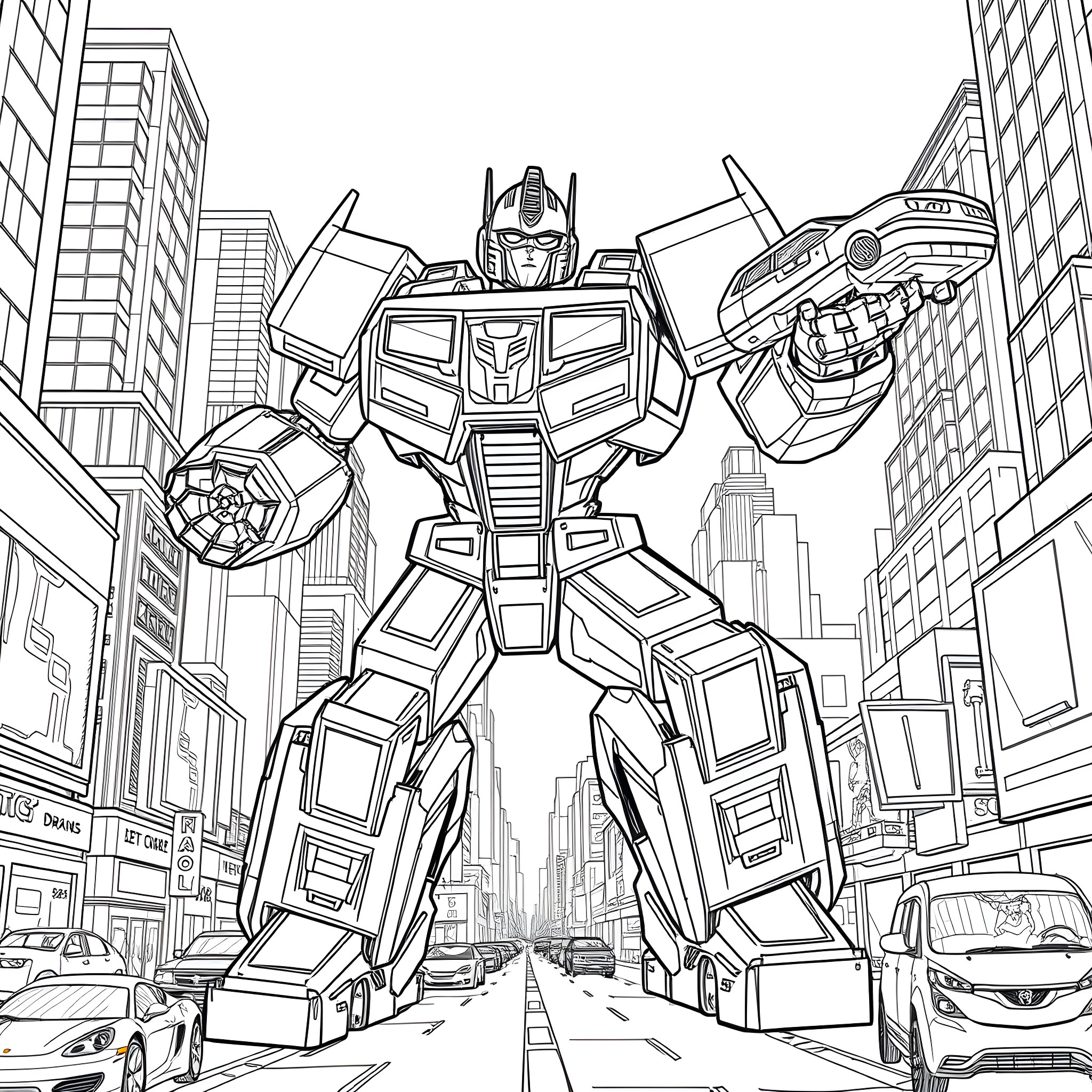 Transformer robot towers over the city Coloring Page (free black-and-white line drawing printable PDF for all, from beginners to advanced learners, including children, teens, adults, and seniors)