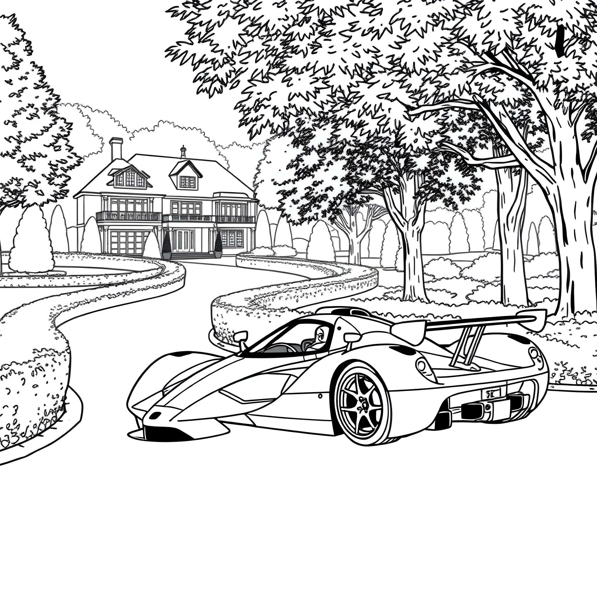 Formula One Car Racing Through Countryside Landscape Coloring Page (free black-and-white line drawing printable PDF for all, from beginners to advanced learners, including children, teens, adults, and seniors)