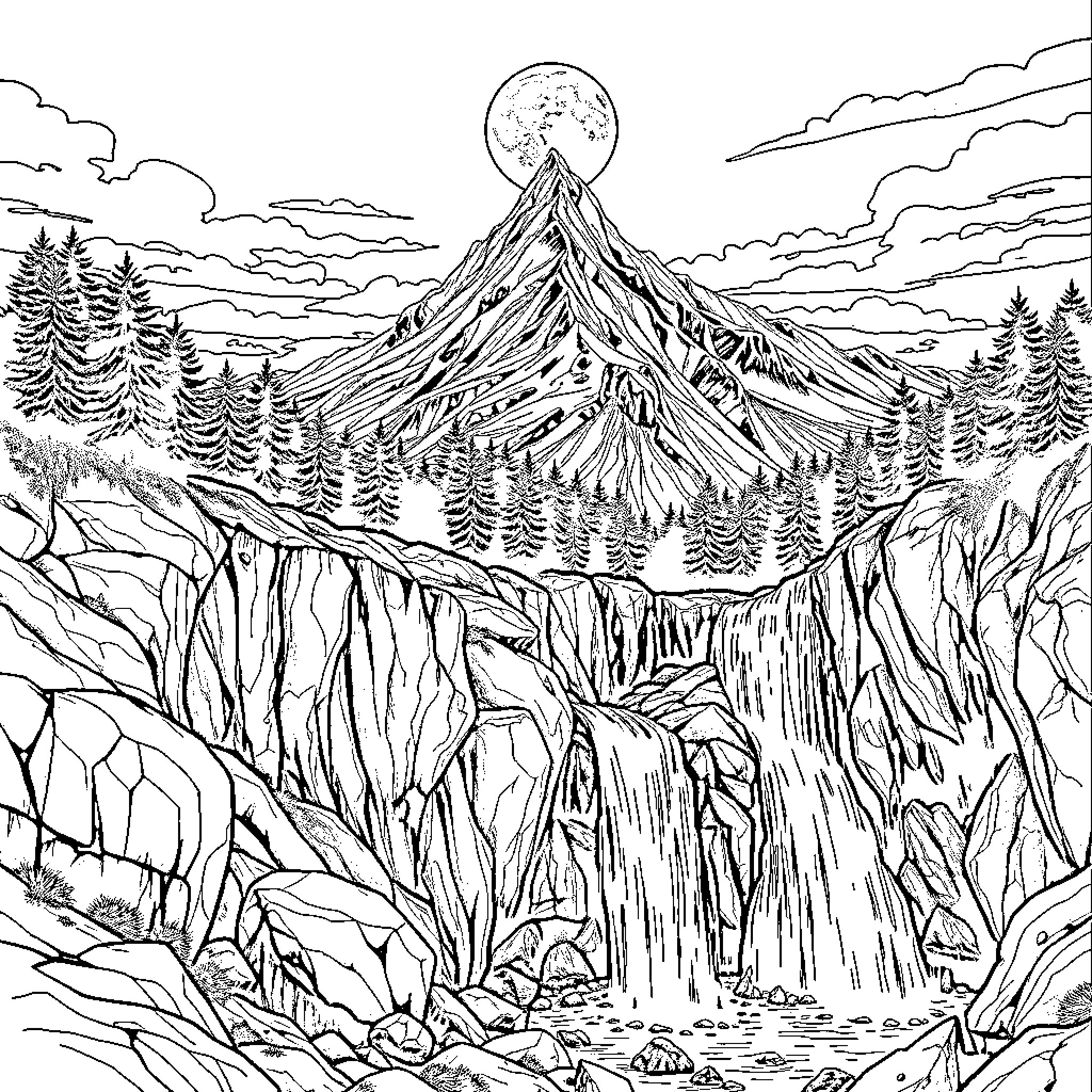 Waterfall in the moonlit mountain landscape Coloring Page (free black-and-white line drawing printable PDF for all, from beginners to advanced learners, including children, teens, adults, and seniors)