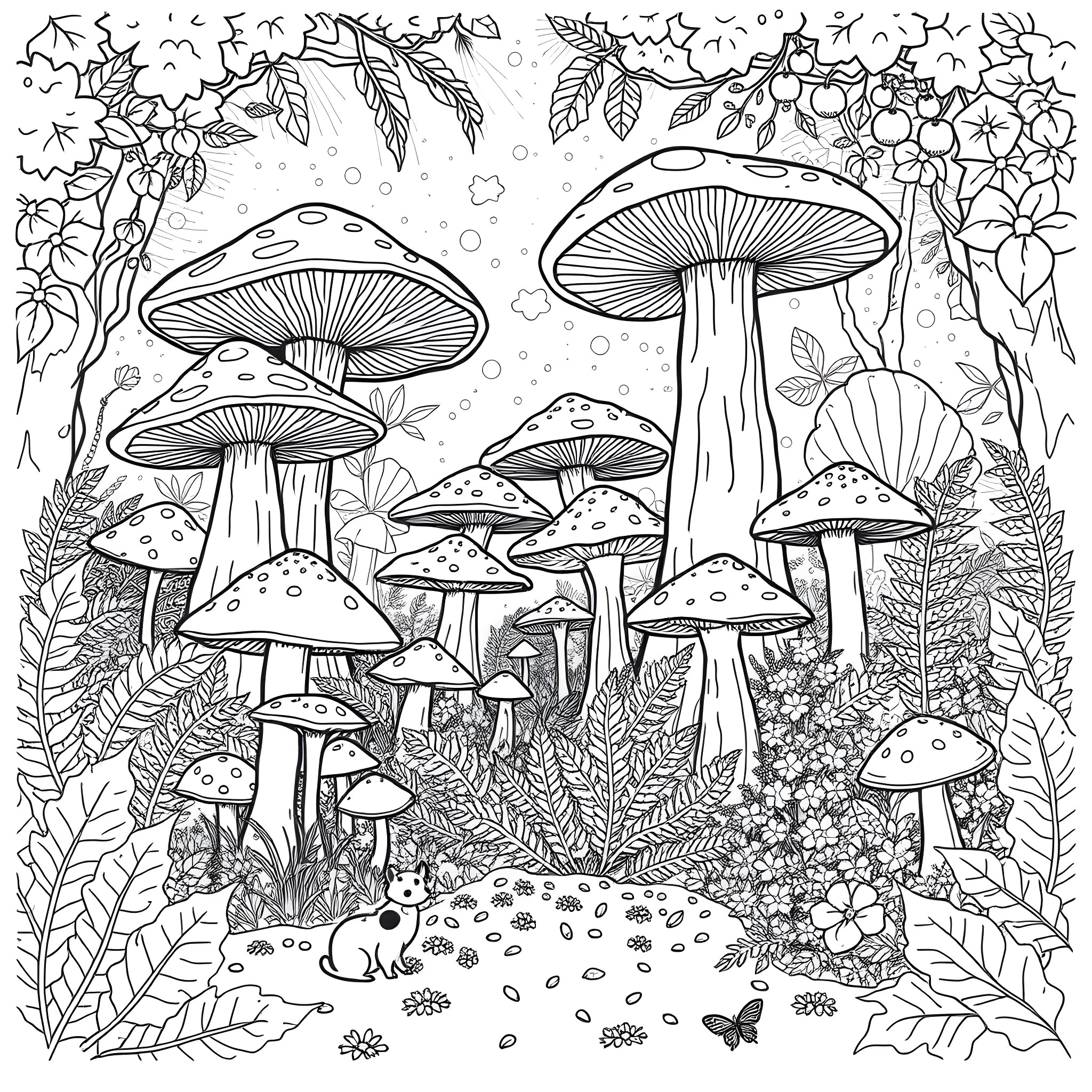 Mushroom Fantasy Forest Filled with Whimsical Details Coloring Page (free black-and-white line drawing printable PDF for all, from beginners to advanced learners, including children, teens, adults, and seniors)