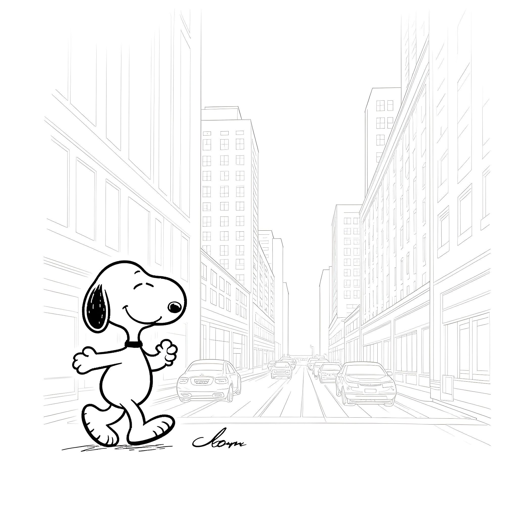 Snoopy walking happily on a city street Coloring Page (free black-and-white line drawing printable PDF for all, from beginners to advanced learners, including children, teens, adults, and seniors)