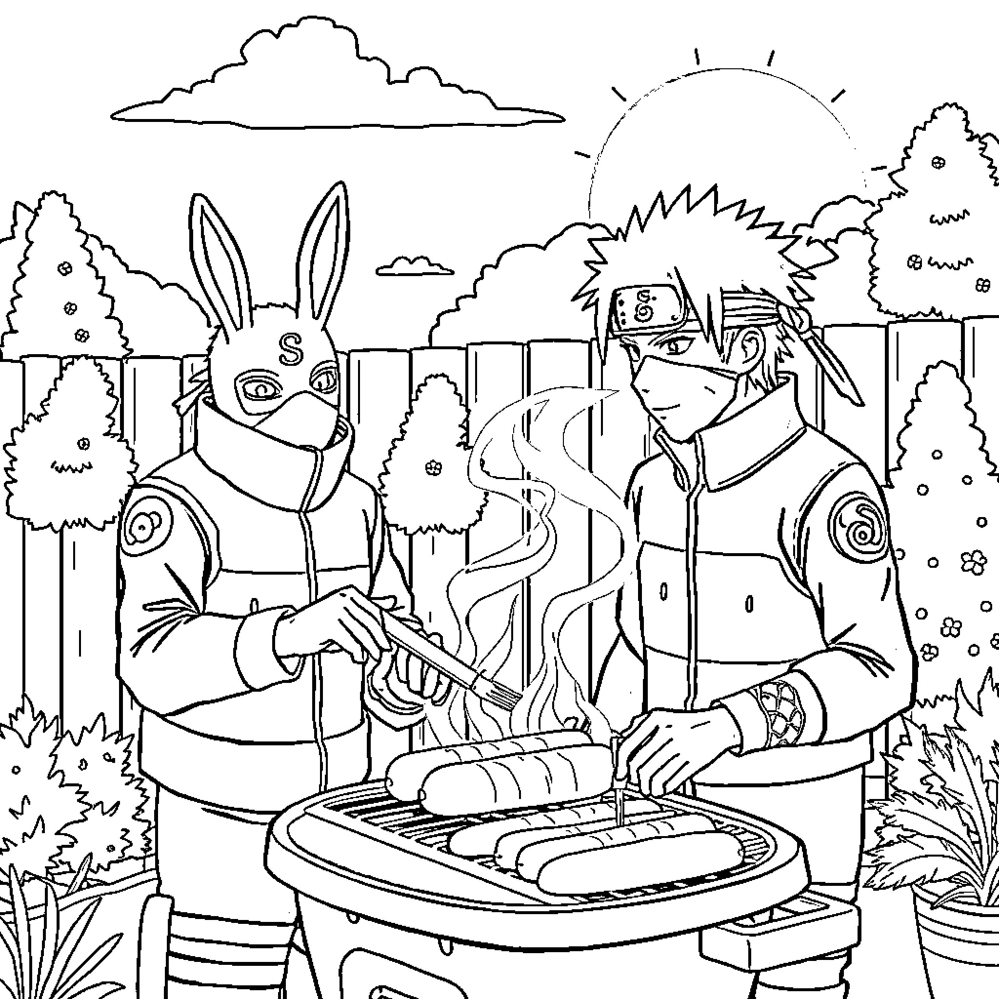 Kakashi and the Enigmatic Rabbit Companion Coloring Page (free black-and-white line drawing printable PDF for all, from beginners to advanced learners, including children, teens, adults, and seniors)