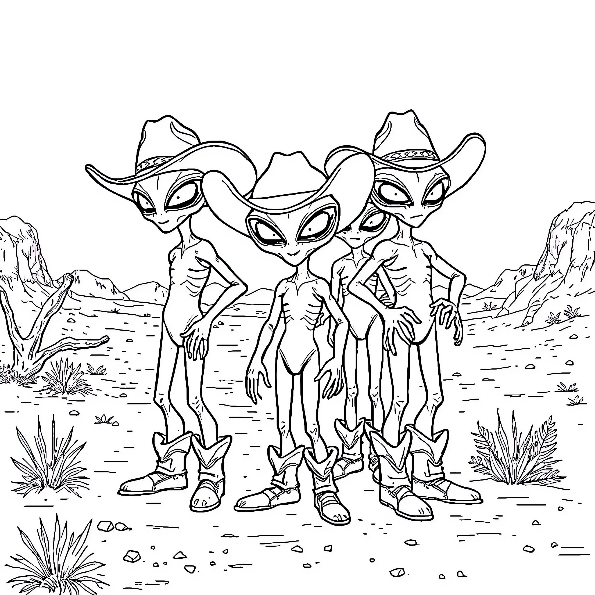 Alien Cowboys Exploring the Desert Landscape Coloring Page (free black-and-white line drawing printable PDF for all, from beginners to advanced learners, including children, teens, adults, and seniors)