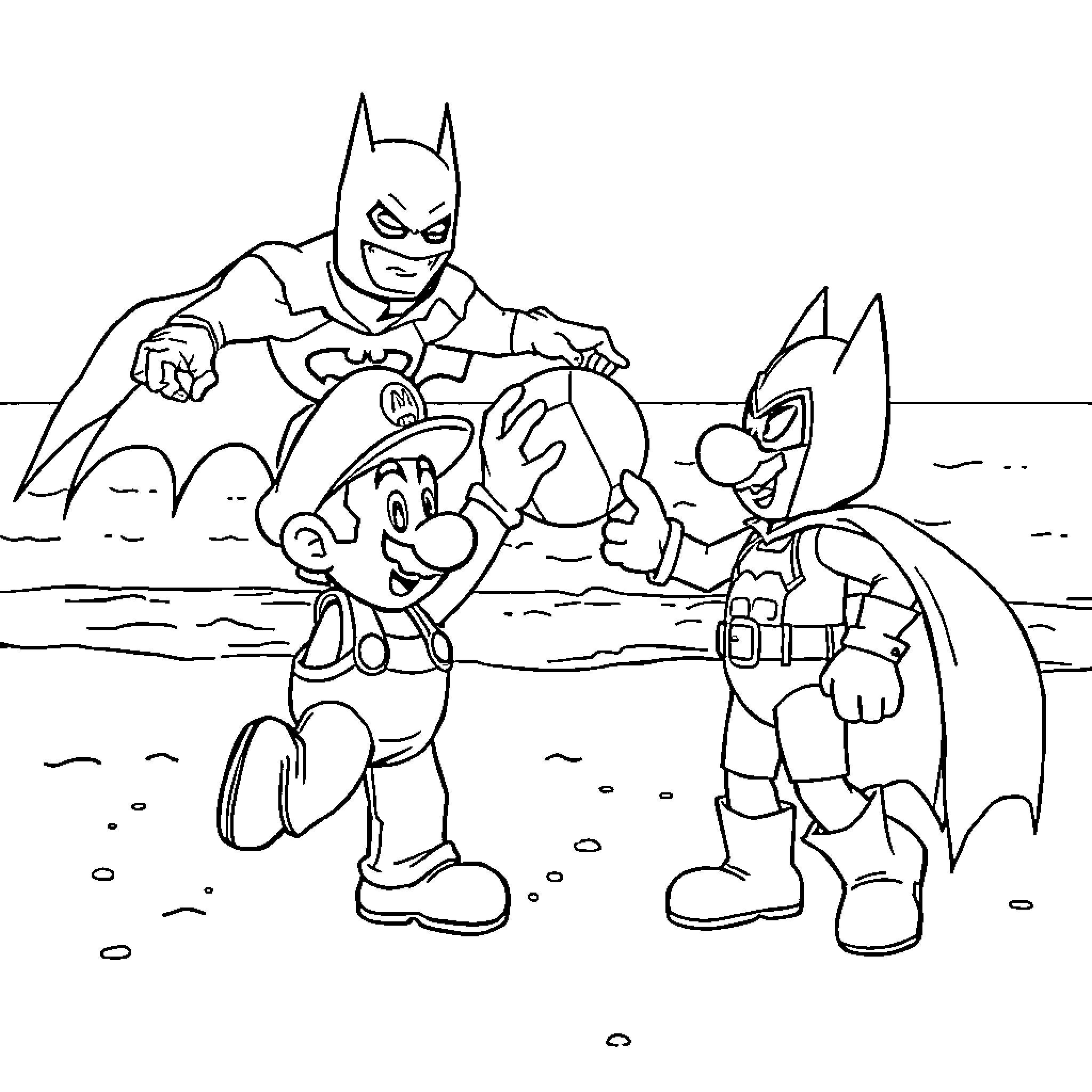 Mario and Batman Heroic Adventure on the Beach Coloring Page (free black-and-white line drawing printable PDF for all, from beginners to advanced learners, including children, teens, adults, and seniors)