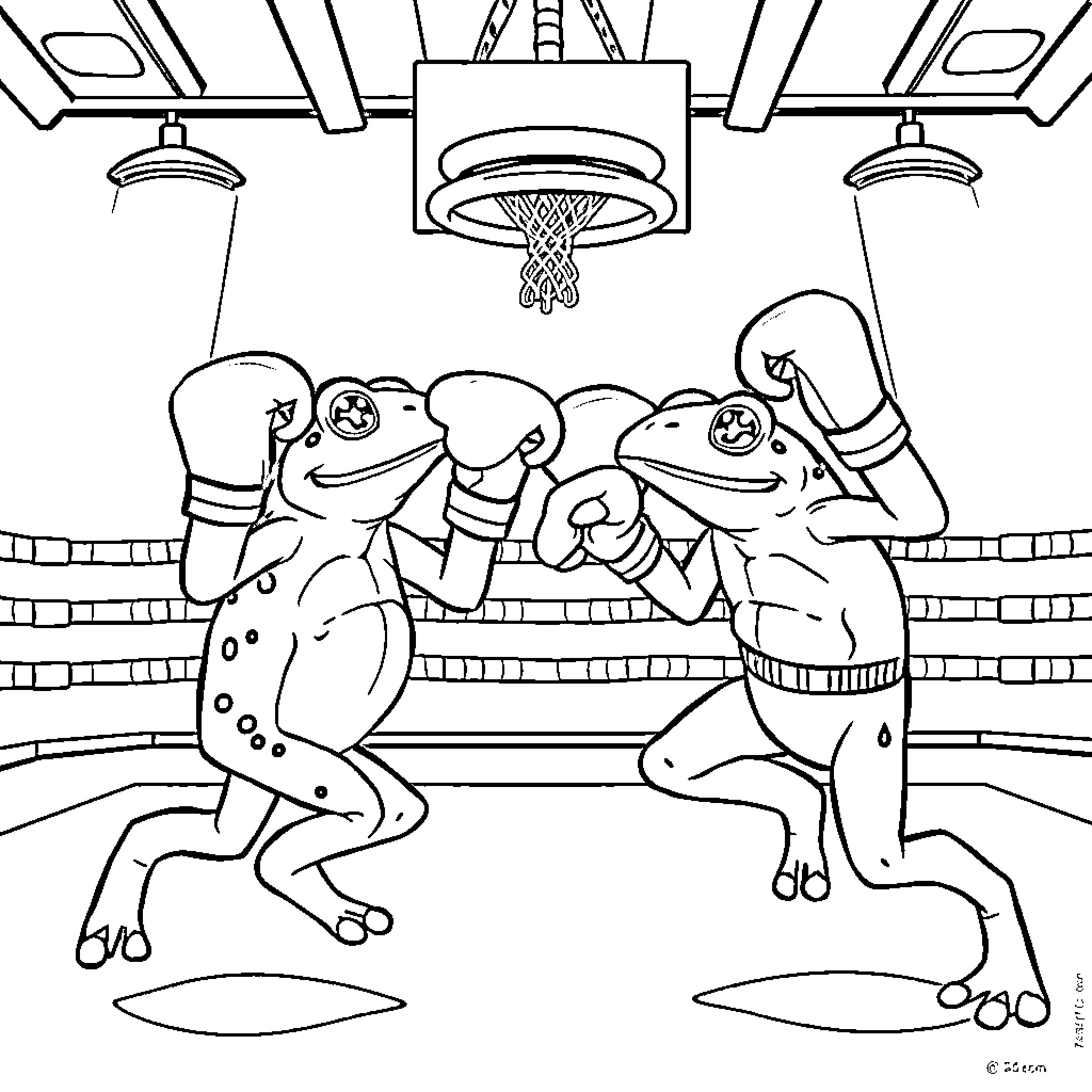 Frog friends playing basketball together Coloring Page (free black-and-white line drawing printable PDF for all, from beginners to advanced learners, including children, teens, adults, and seniors)