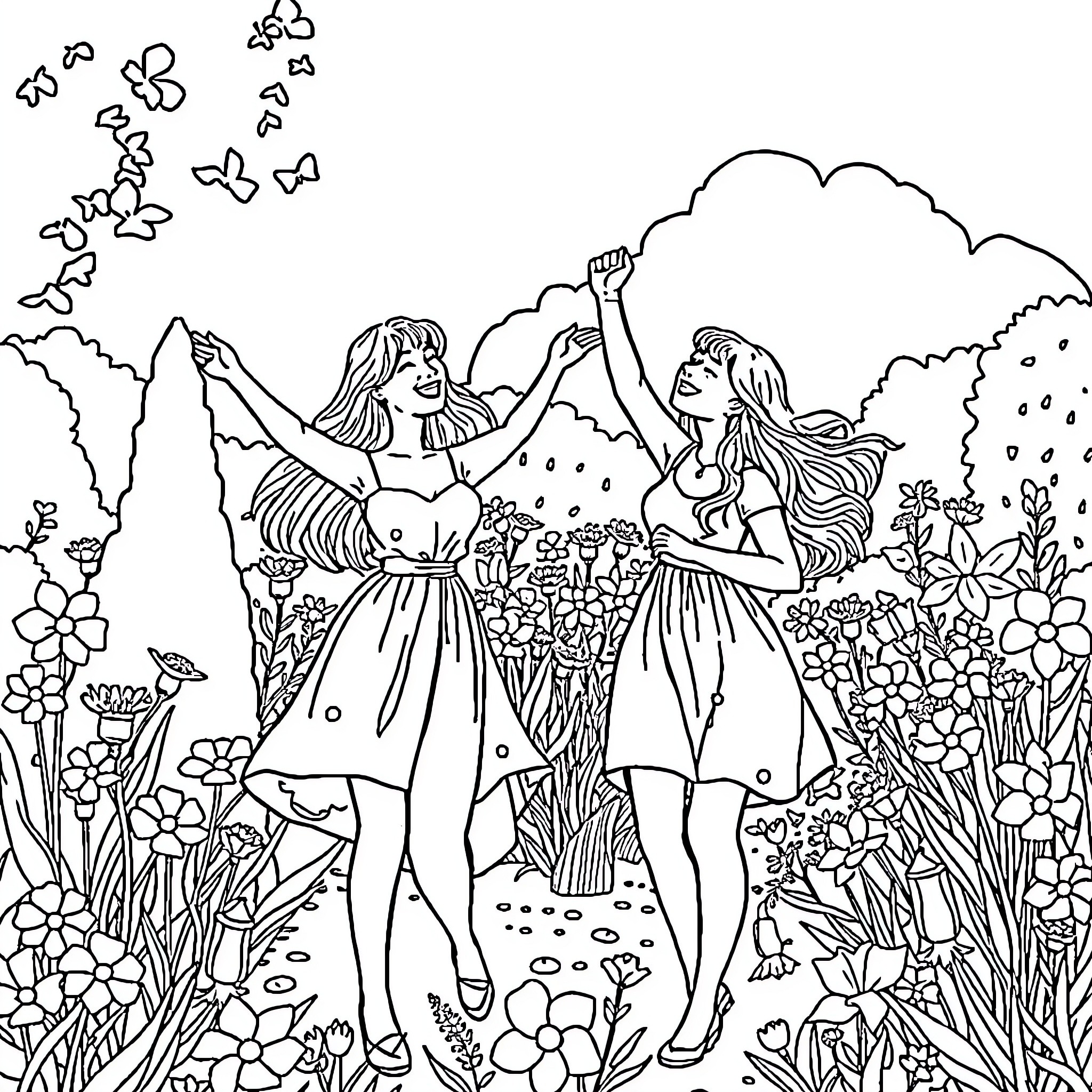 Sisters enjoying a playful moment in a lush garden Coloring Page (free black-and-white line drawing printable PDF for all, from beginners to advanced learners, including children, teens, adults, and seniors)