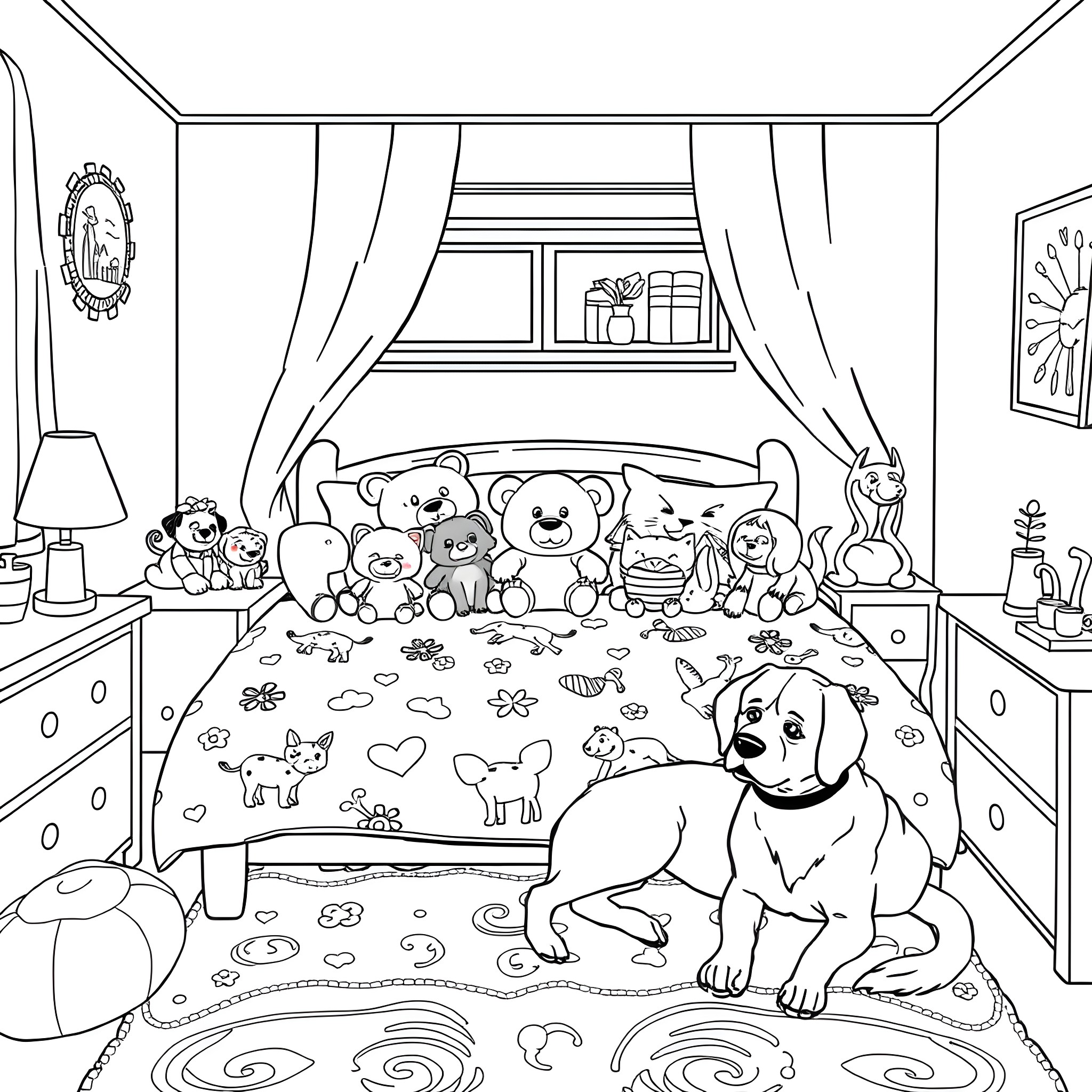 Kid's cozy room with cuddly toys and a friendly puppy Coloring Page (free black-and-white line drawing printable PDF for all, from beginners to advanced learners, including children, teens, adults, and seniors)
