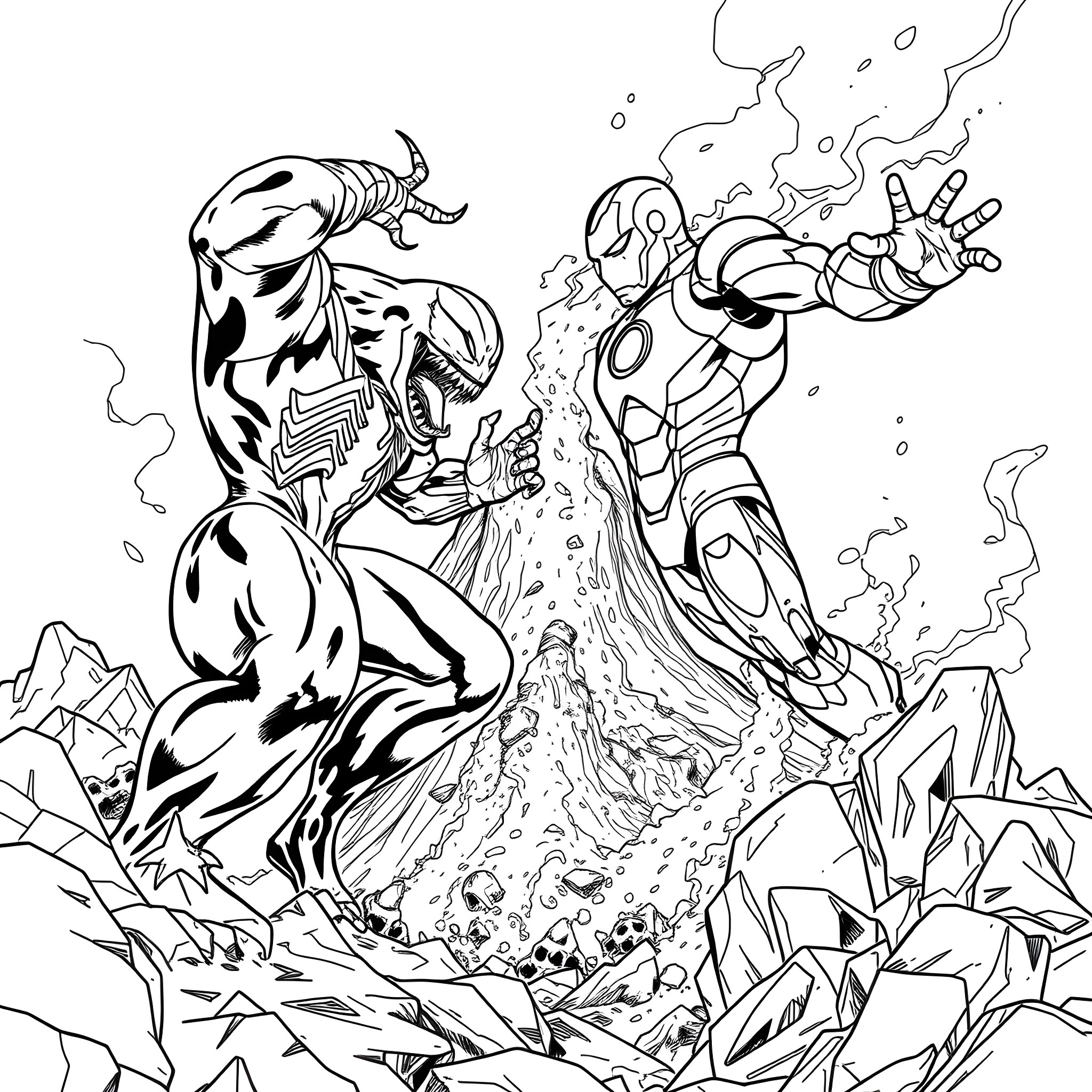 Venom's Clash with Iron Man in a Fiery Showdown Coloring Page (free black-and-white line drawing printable PDF for all, from beginners to advanced learners, including children, teens, adults, and seniors)