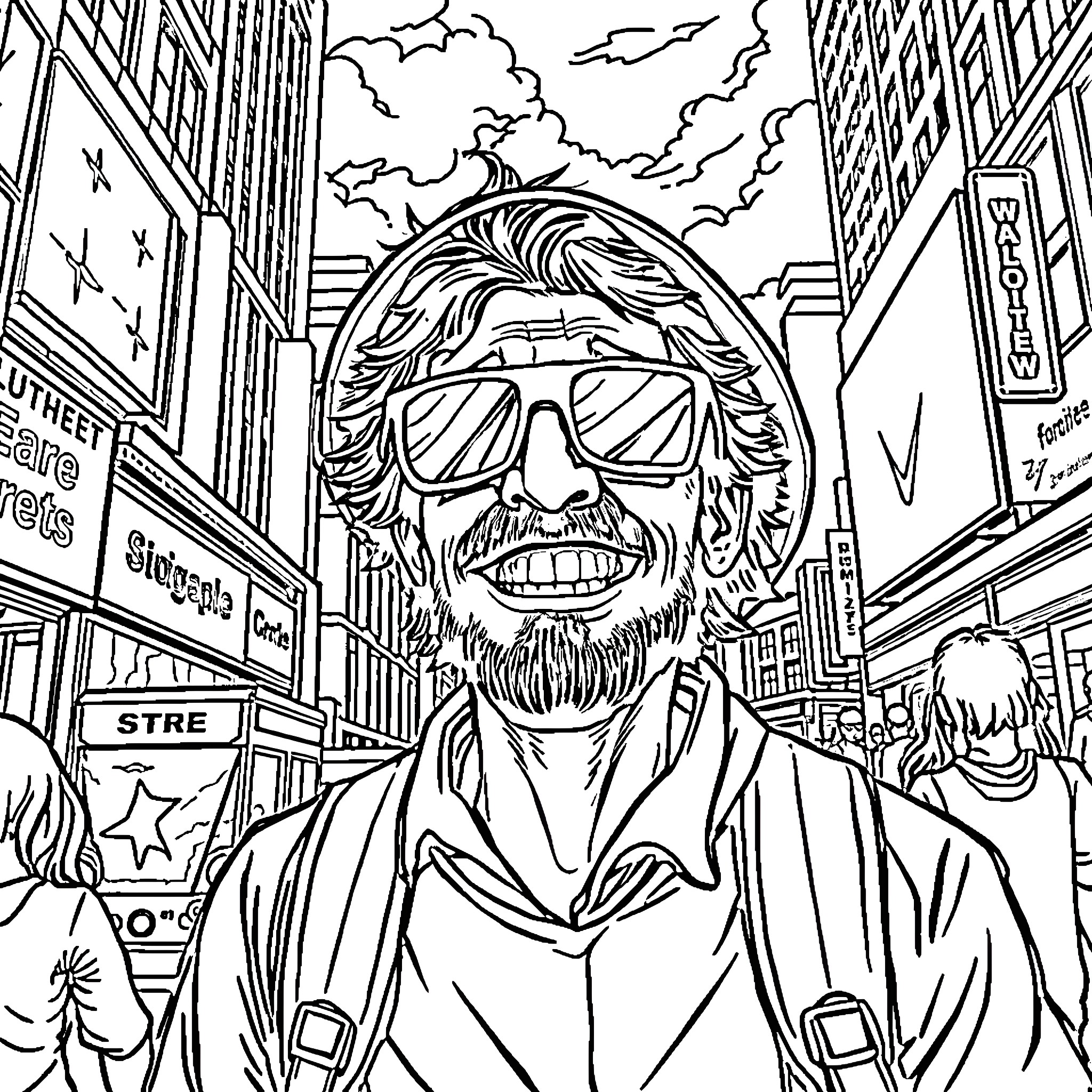 Tourist explores bustling city street with unique style Coloring Page (free black-and-white line drawing printable PDF for all, from beginners to advanced learners, including children, teens, adults, and seniors)