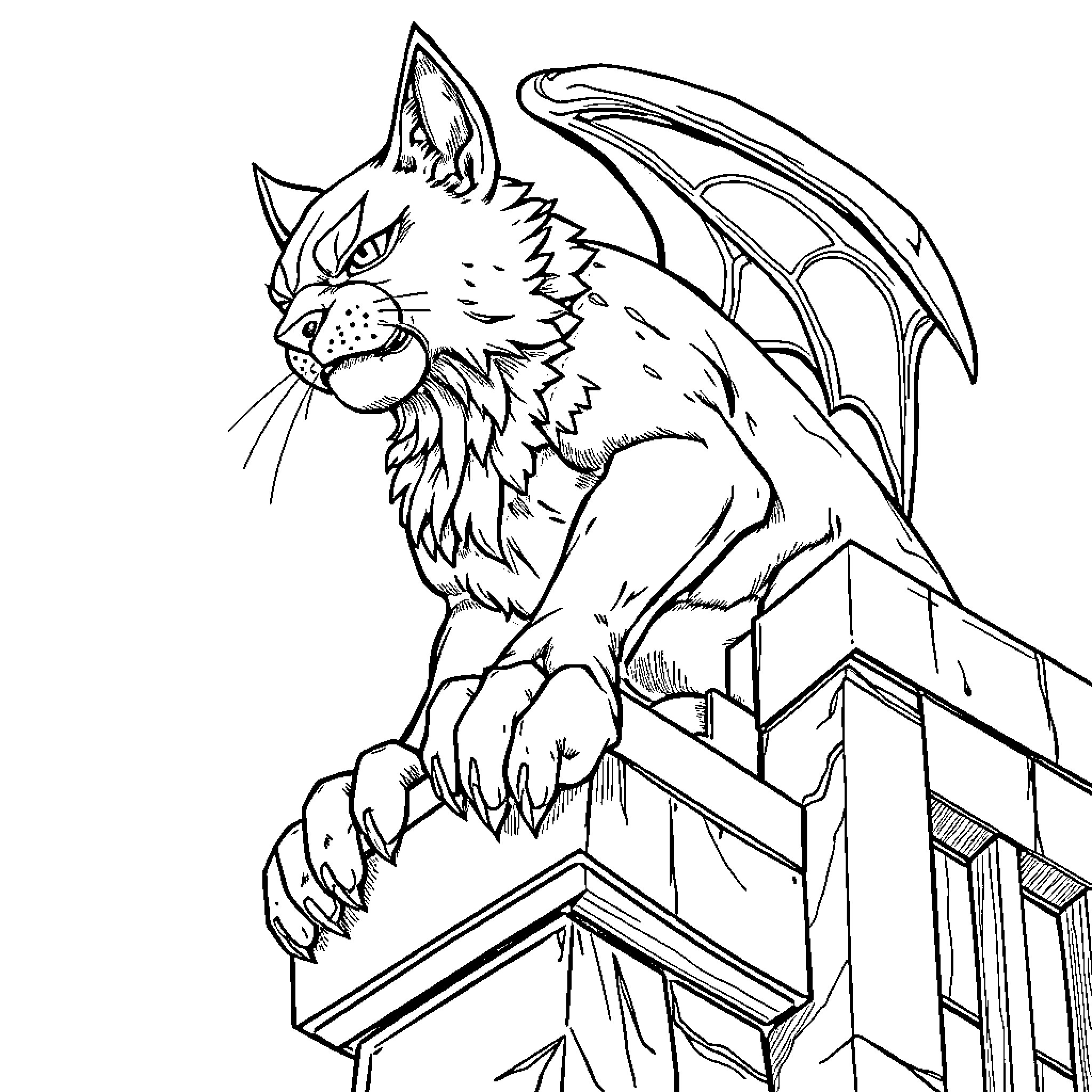 Cat creature perched atop a building Coloring Page (free black-and-white line drawing printable PDF for all, from beginners to advanced learners, including children, teens, adults, and seniors)