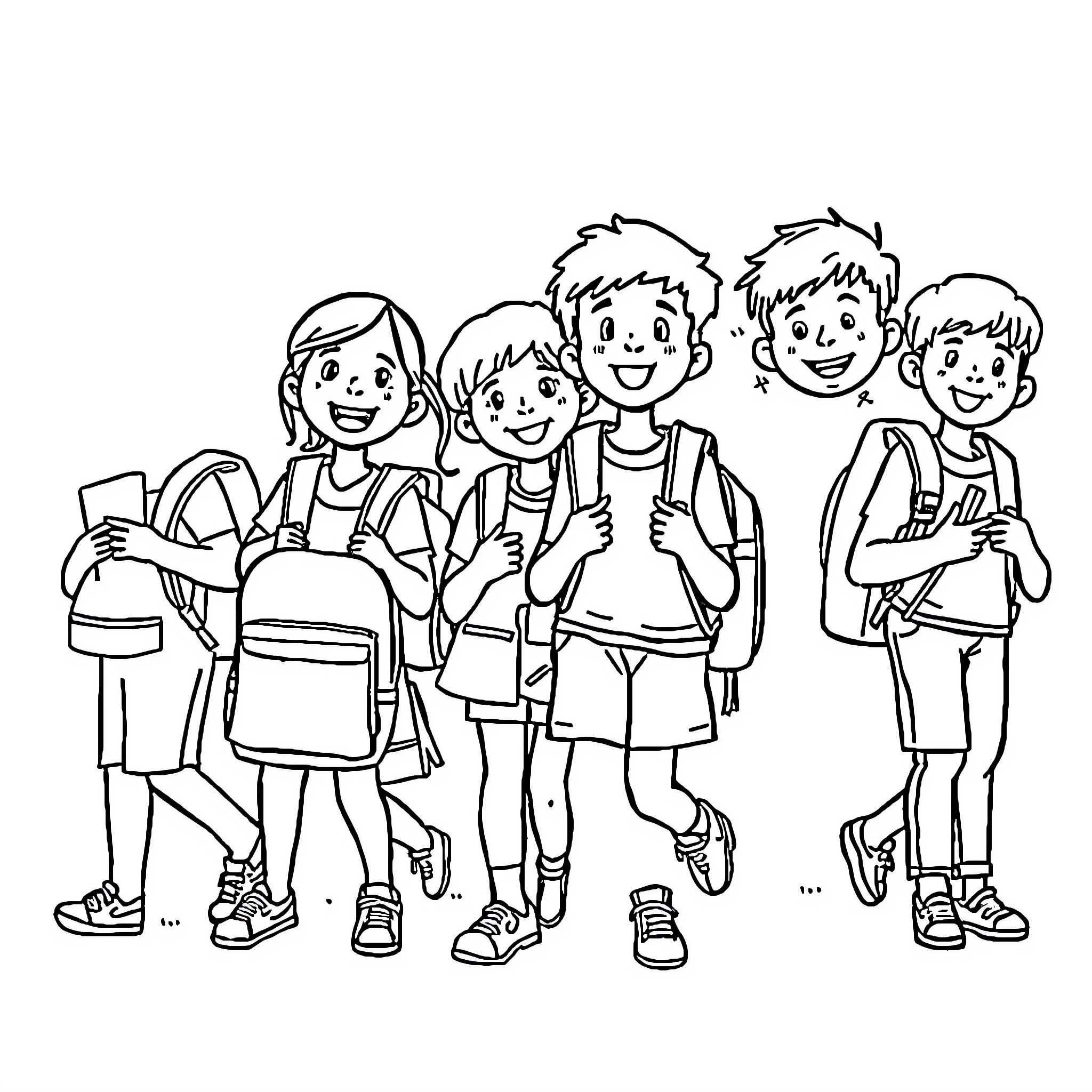 School friends enjoying outdoor activities Coloring Page (free black-and-white line drawing printable PDF for all, from beginners to advanced learners, including children, teens, adults, and seniors)
