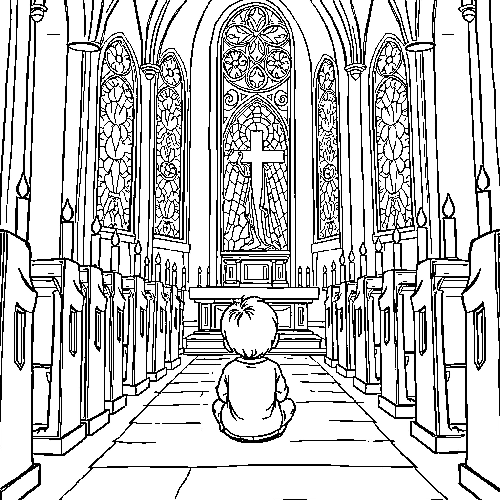 Child in prayerful pose in ornate church interior Coloring Page (free black-and-white line drawing printable PDF for all, from beginners to advanced learners, including children, teens, adults, and seniors)