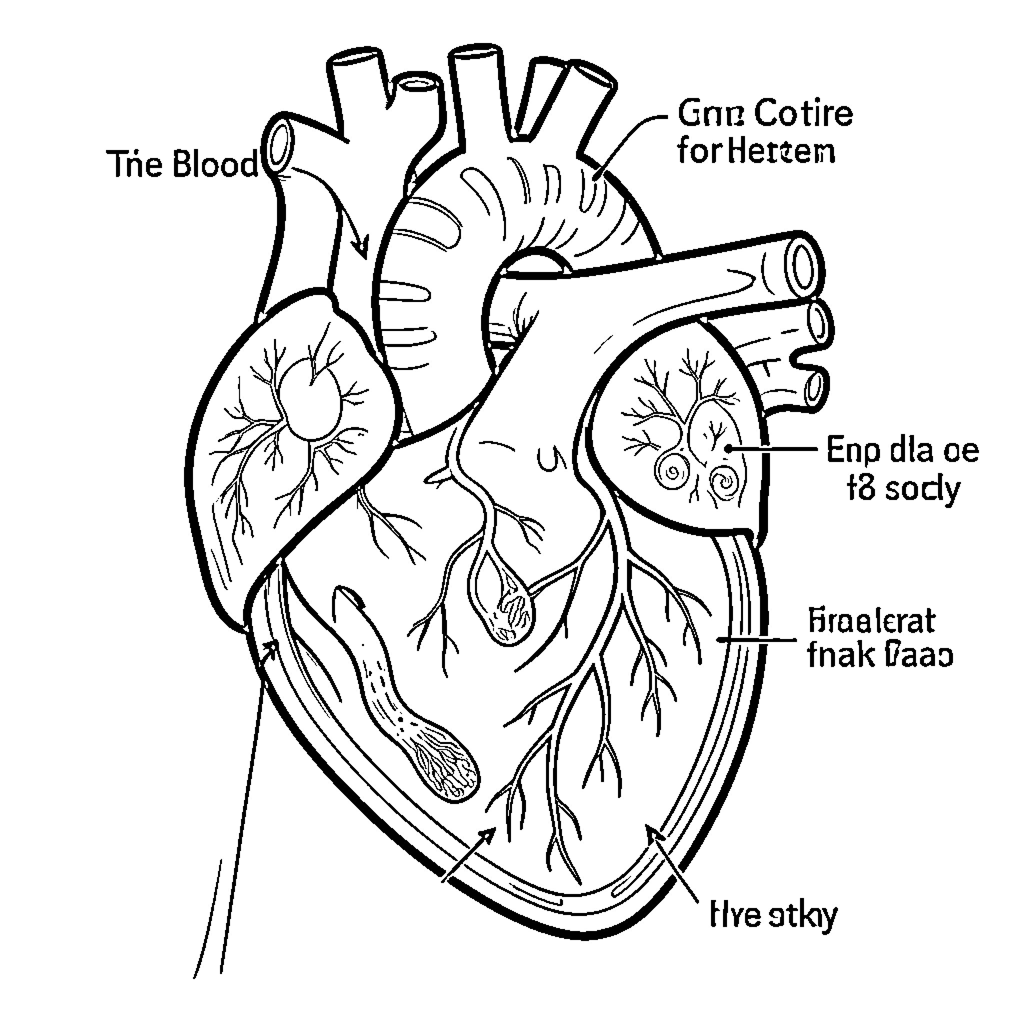Heart diagram with anatomical labels and structural details Coloring Page (free black-and-white line drawing printable PDF for all, from beginners to advanced learners, including children, teens, adults, and seniors)