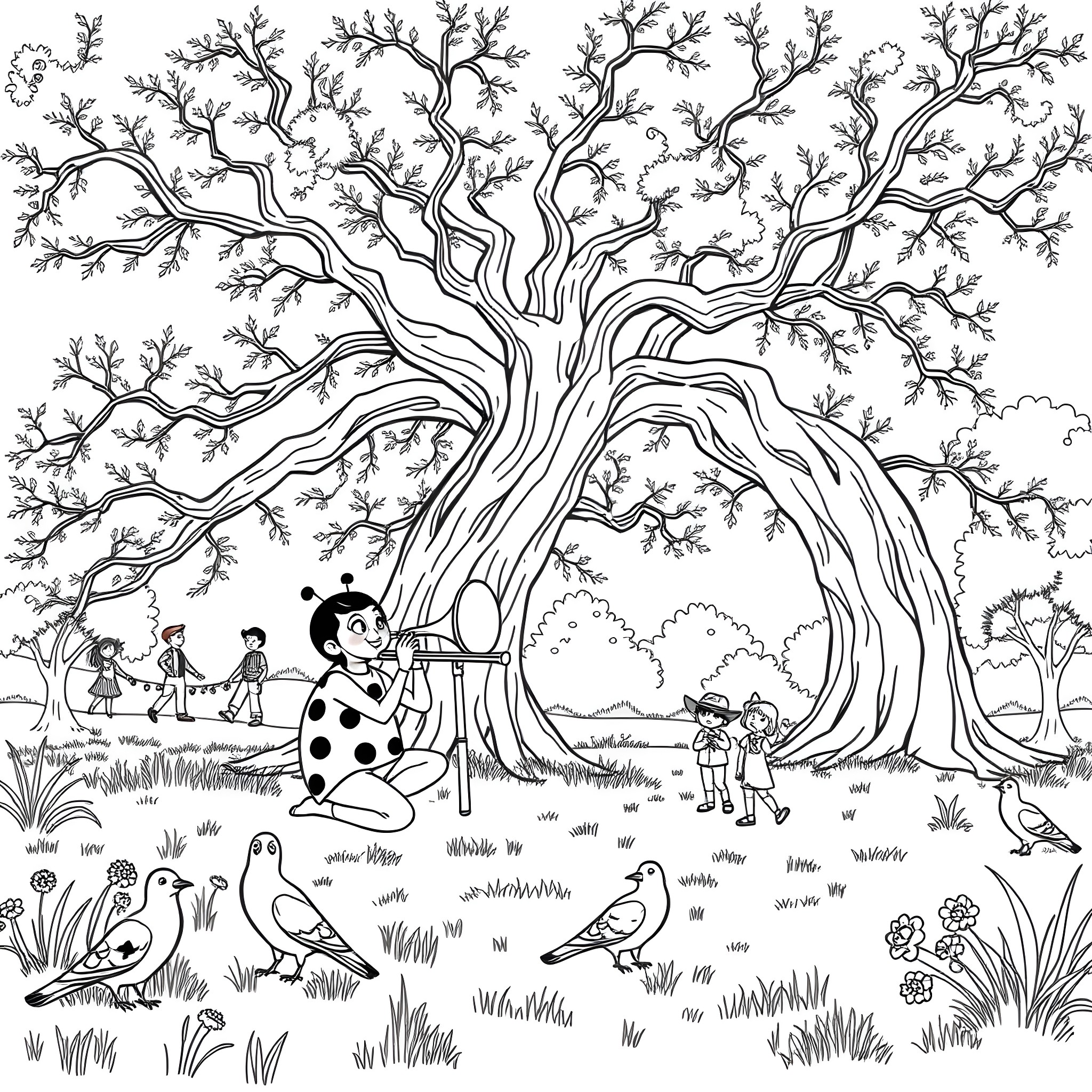 Ladybug's Whimsical Gathering in the Enchanted Forest Coloring Page (free black-and-white line drawing printable PDF for all, from beginners to advanced learners, including children, teens, adults, and seniors)