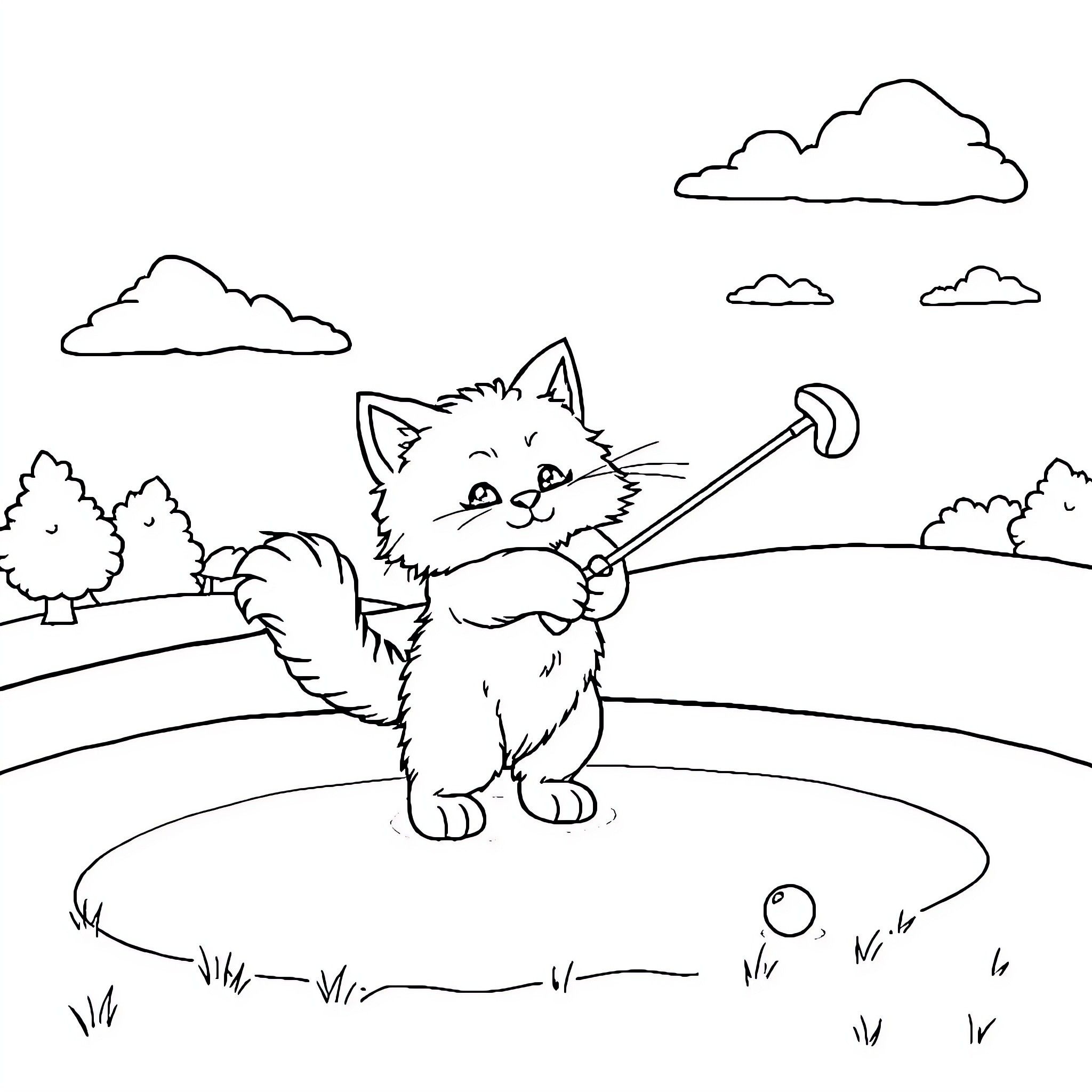 Cat playing with a toy in the outdoors Coloring Page (free black-and-white line drawing printable PDF for all, from beginners to advanced learners, including children, teens, adults, and seniors)