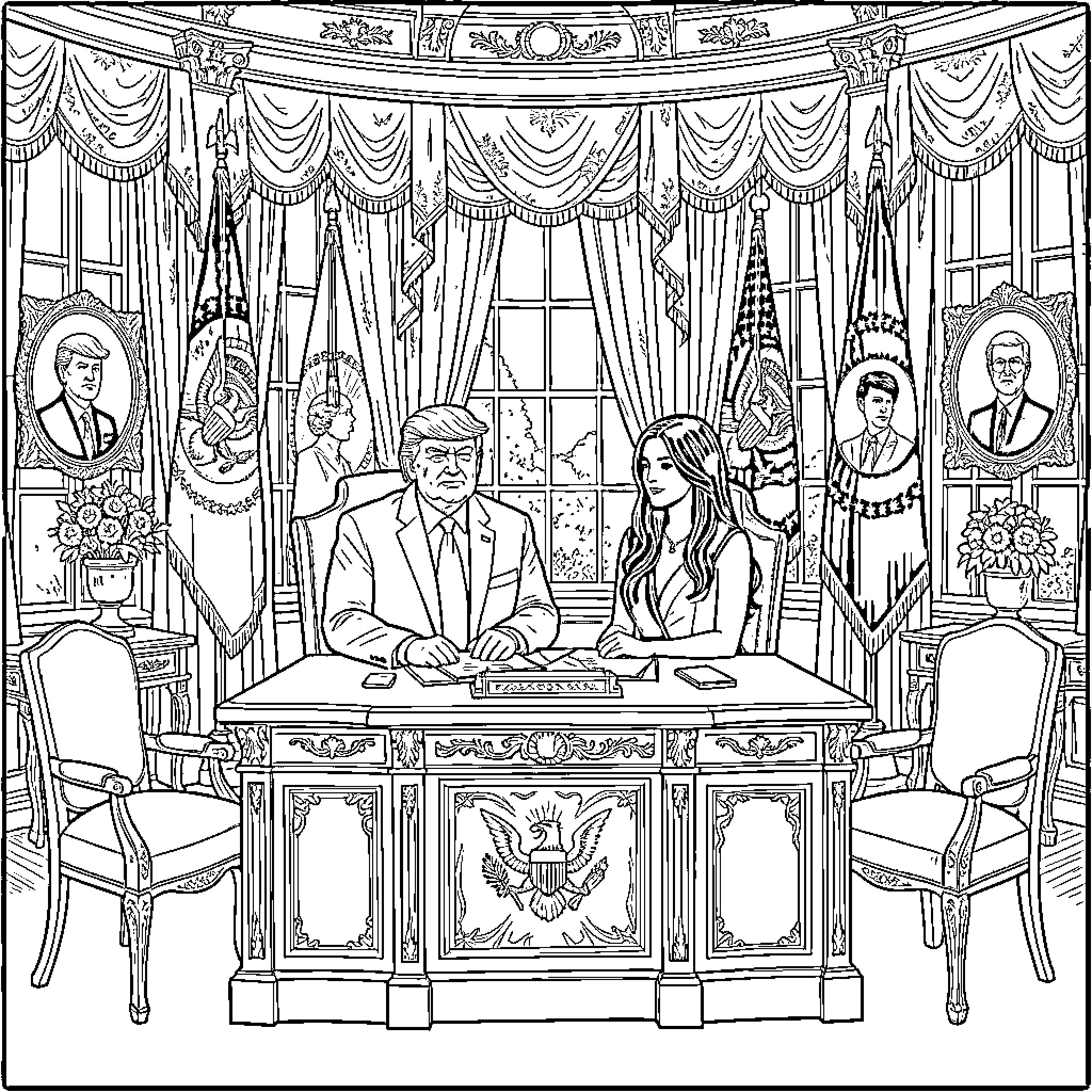 Donald Trump and family in the Oval Office Coloring Page (free black-and-white line drawing printable PDF for all, from beginners to advanced learners, including children, teens, adults, and seniors)